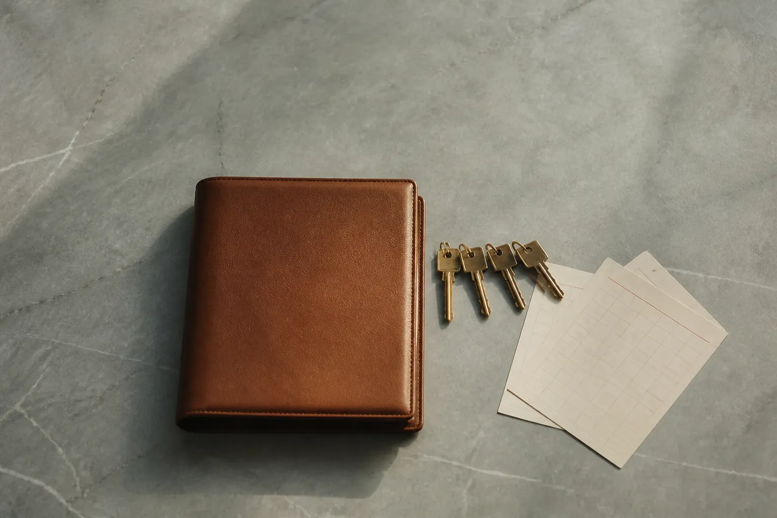A single leather-bound travel dossier resting on a marble concierge desk at Four Seasons Hotel Tokyo at Otemachi, with room keys and a schedule card fanned out beside it