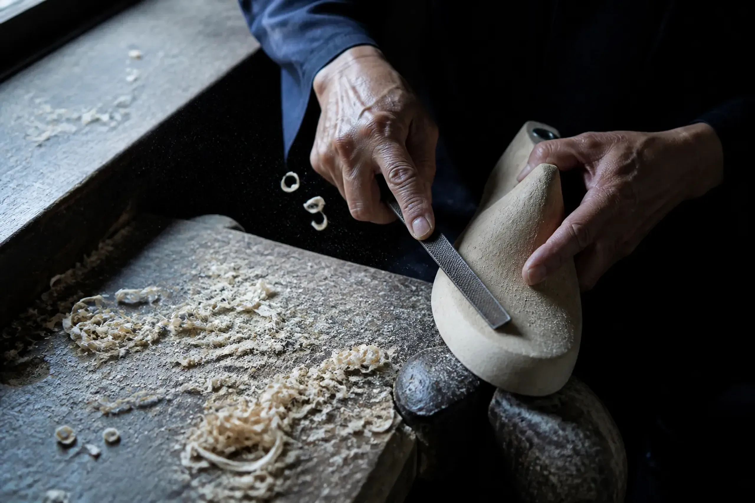 Shoemaker shaping a wooden last for bespoke shoes in a Tokyo atelier