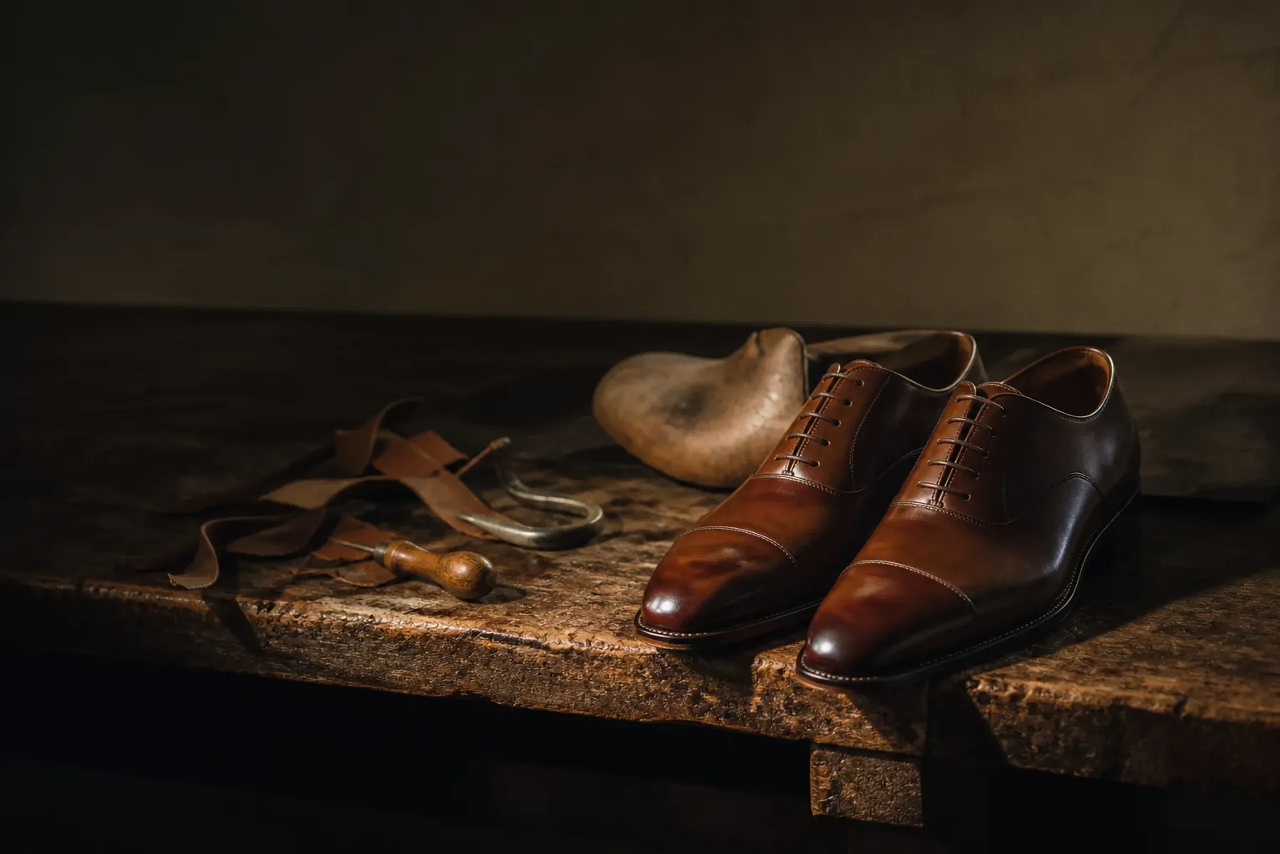 Finished hand-welted brown leather bespoke oxford shoes made in Japan
