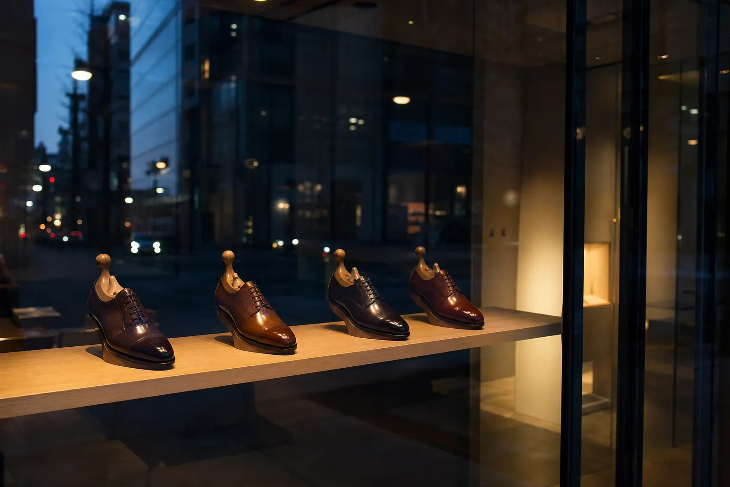The storefront window of The Dressing Lab in Ginza, Tokyo, arranged for a bespoke shoe order event, with a display of handmade leather dress shoes on wooden lasts under warm gallery lighting