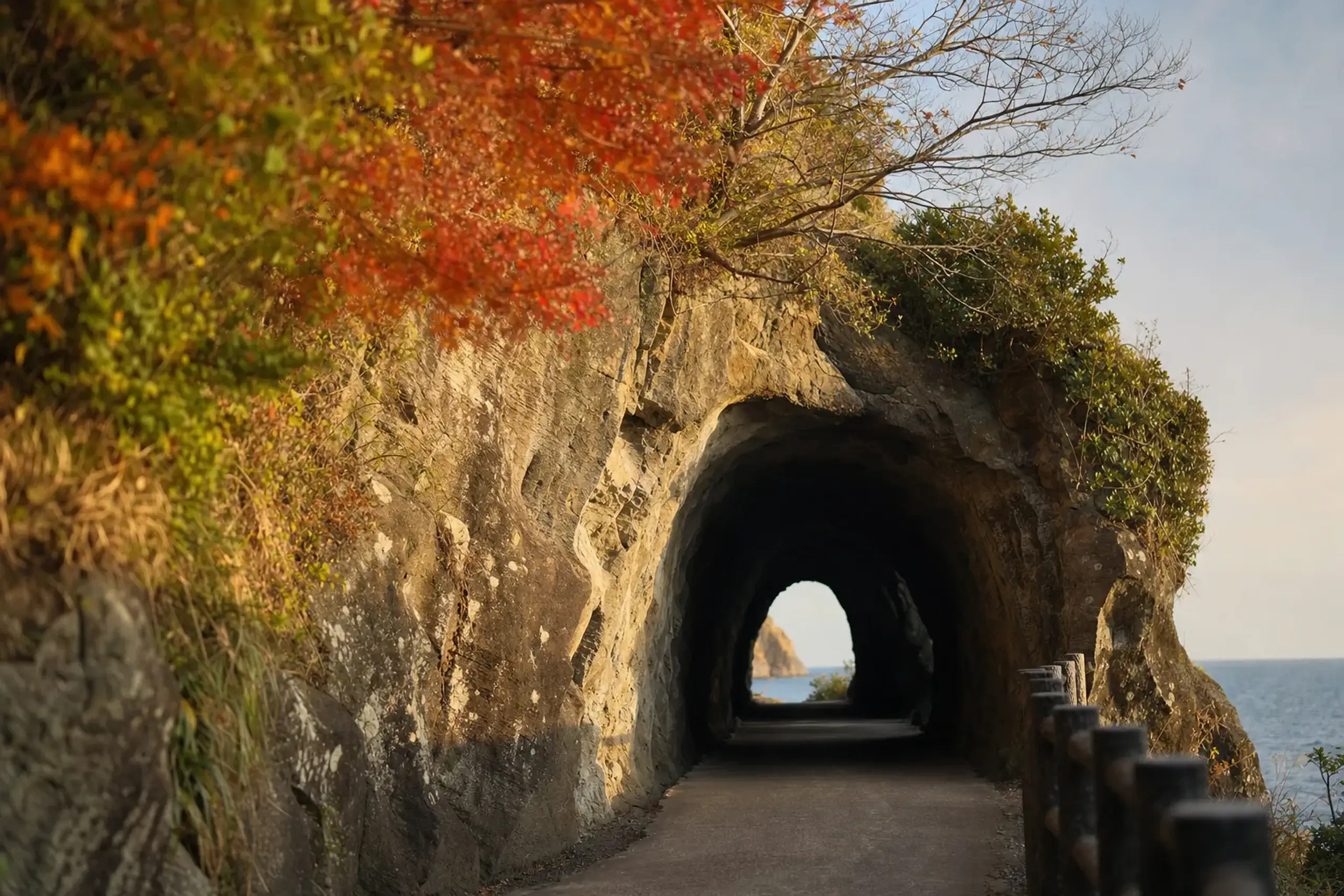 The 116-metre Udosaki tunnel entrance from 1965 cut through the coastal rock toward the shrine