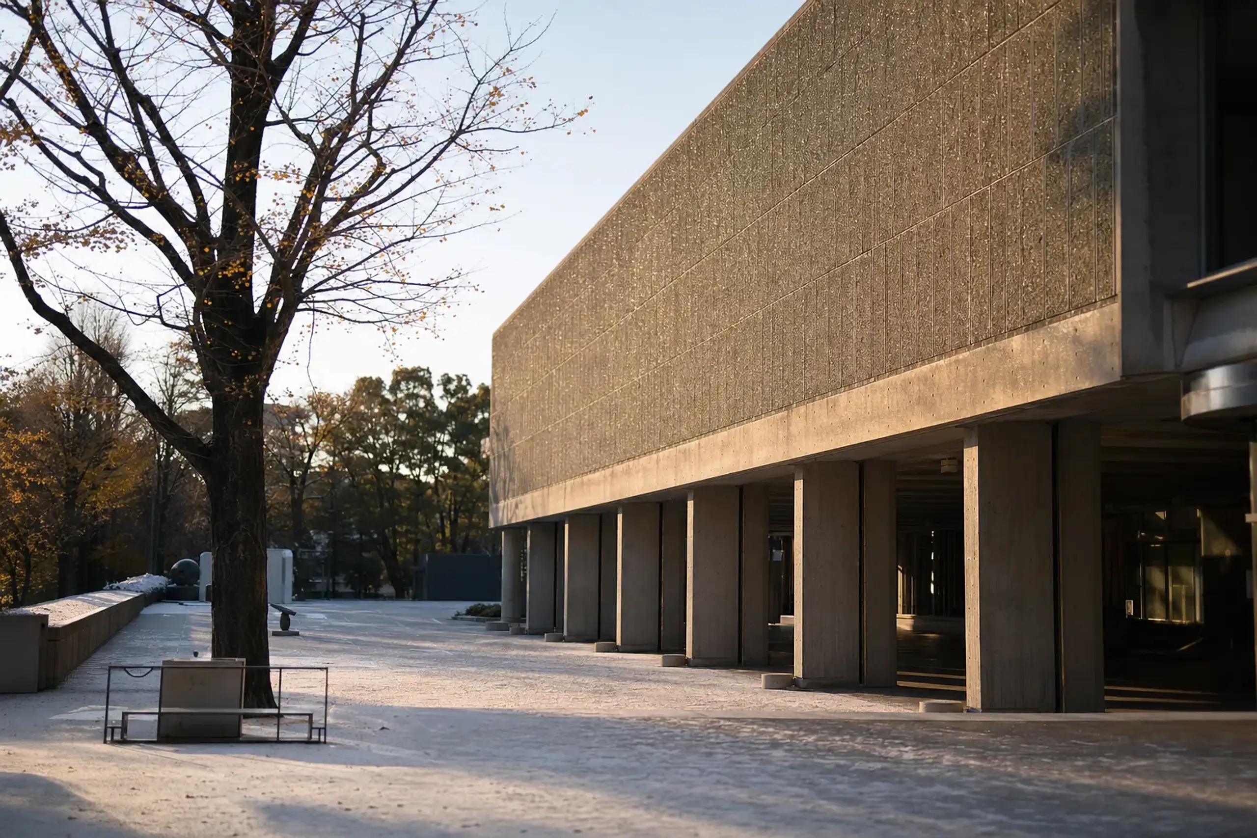 The Le Corbusier-designed Main Building of the National Museum of Western Art in Ueno Park, its reinforced-concrete modernist facade seen from the renewed forecourt