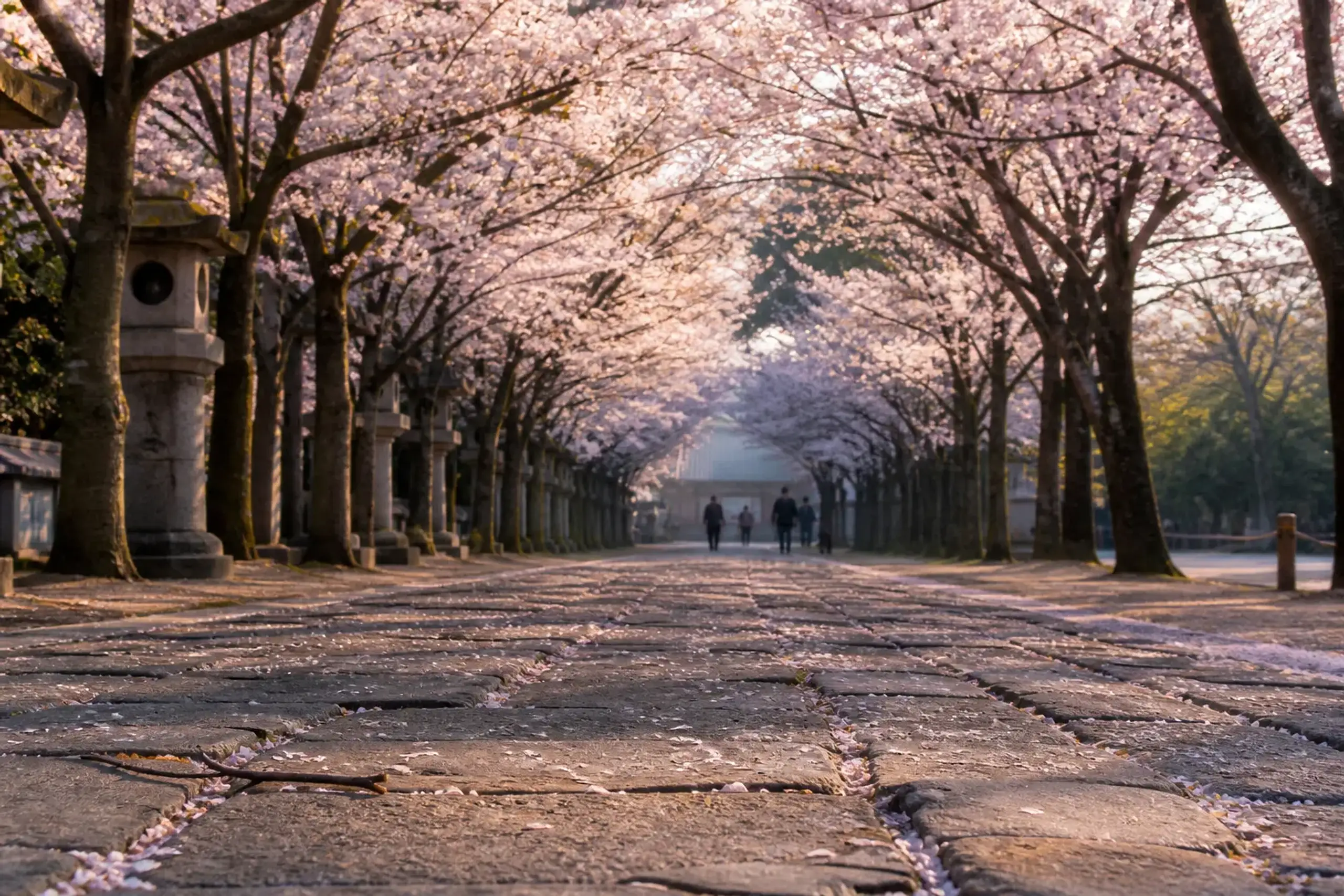 A ground-level view along the historic approach area of Kan’ei-ji Temple within Ueno Park, framed by cherry trees lining the route (the legacy of Tenkai’s 1624 plantings), with pale-pink blossoms arch