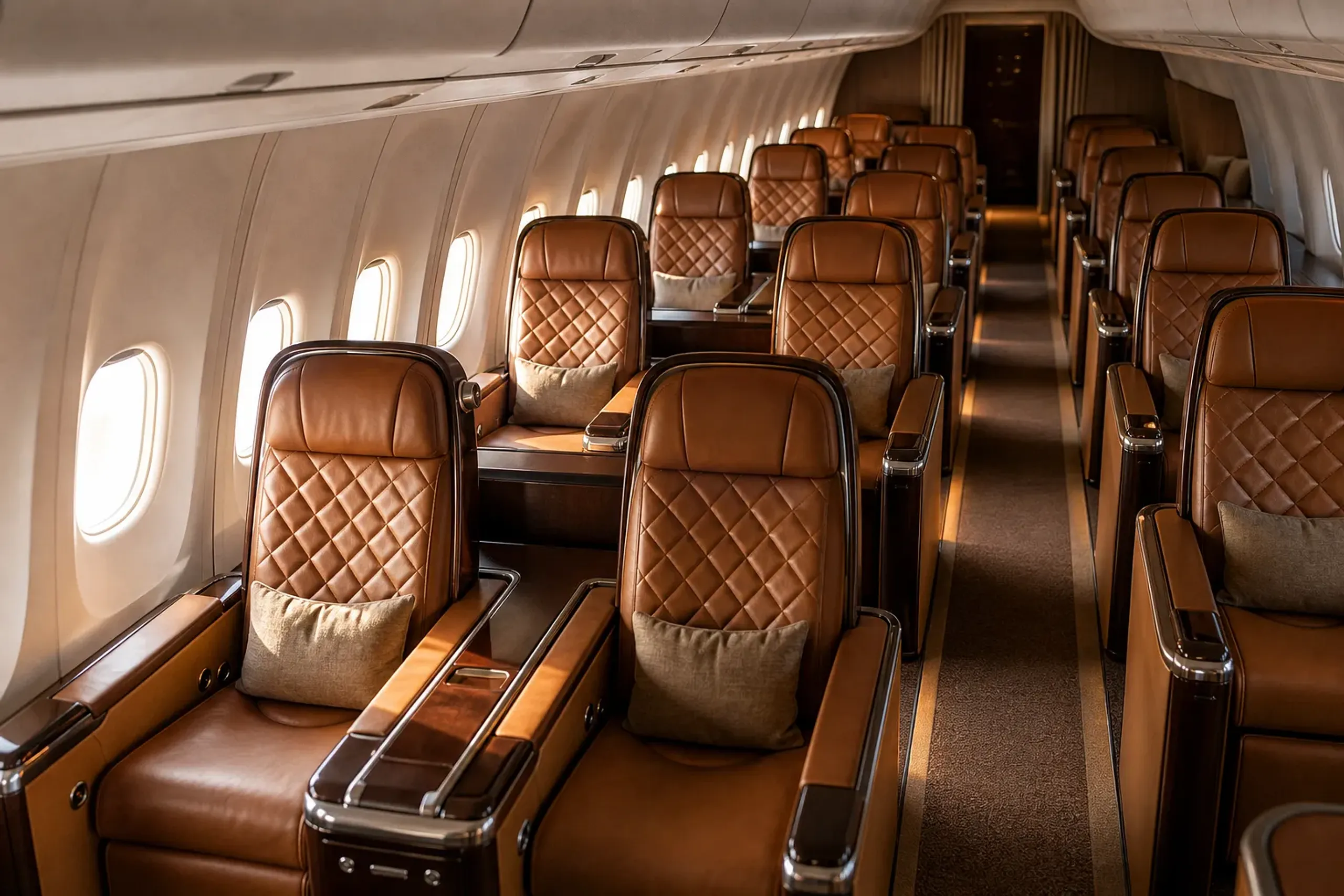 Interior of a modern airplane cabin with many brown leather seats and overhead bins.