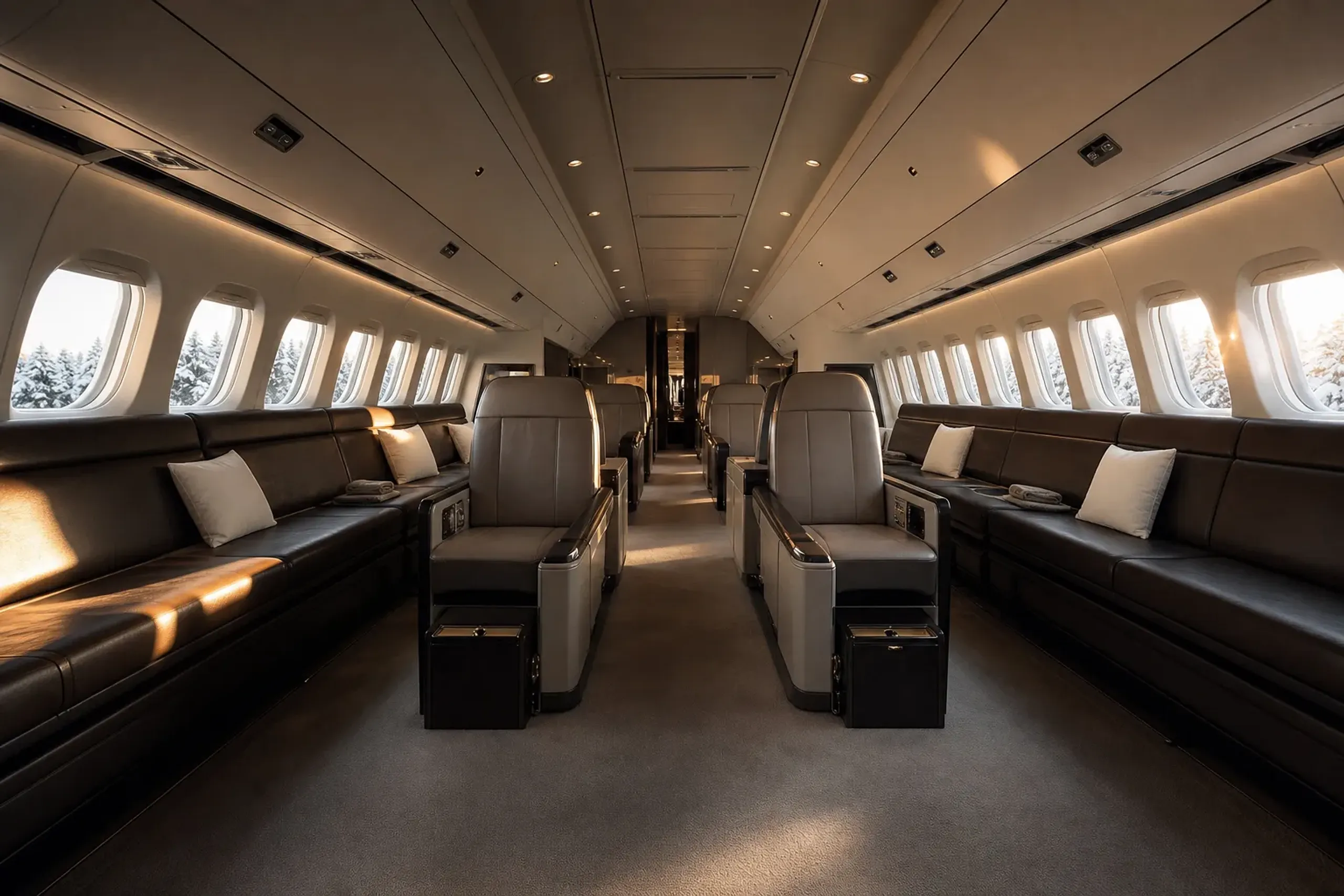 Interior view of a luxurious Airbus A340-300 VIP cabin, featuring long dark brown leather sofas with white pillows along the outer walls and premium, pod-style seats in the center aisle, illuminated by bright overhead lighting.
