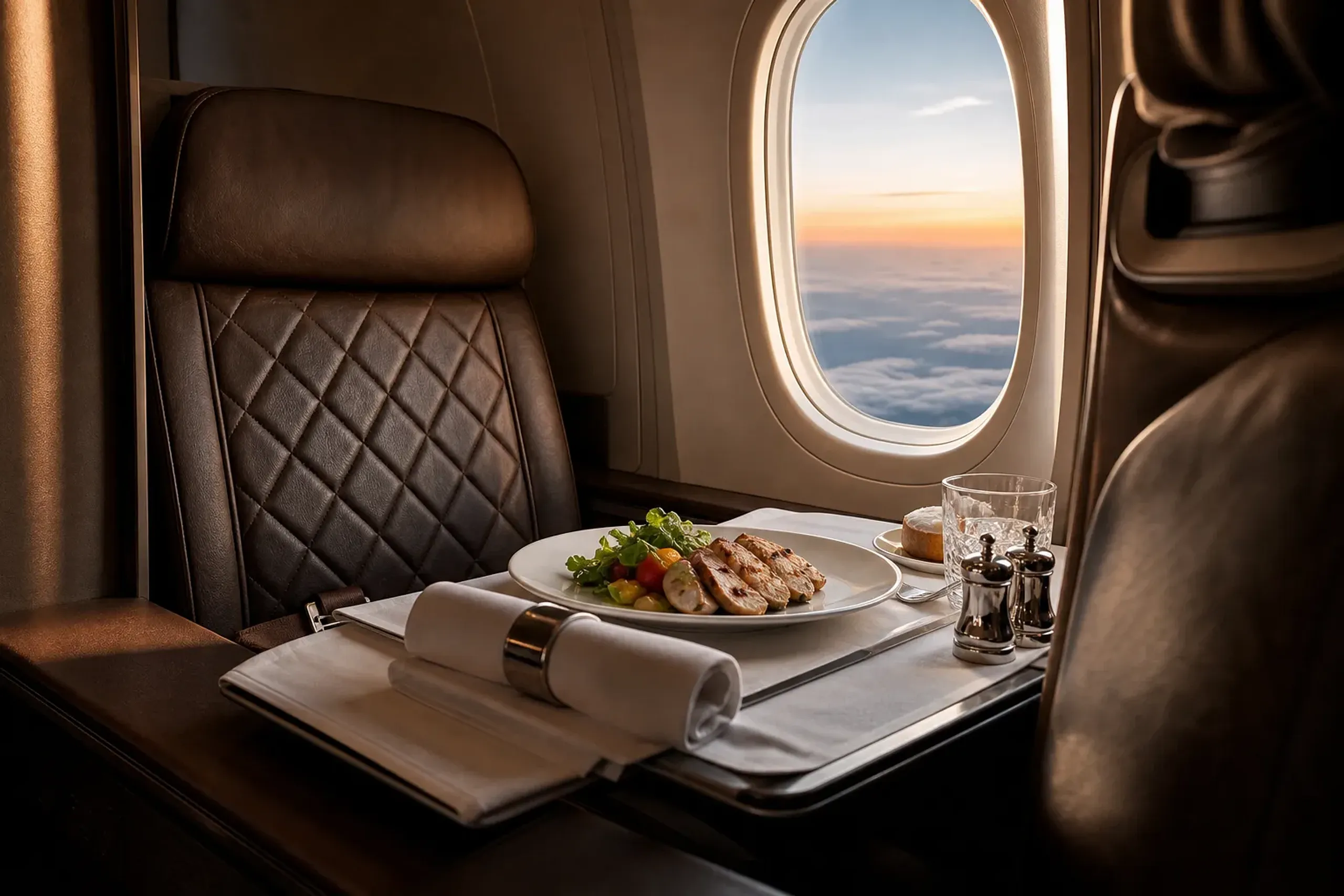 Close-up of two premium dark brown leather seats with diamond stitching next to a window in an Airbus A340-300. Deployed tray tables hold elegantly plated gourmet meals of chicken, salad, and vegetables, complete with silver napkin rings and salt and pepper shakers.