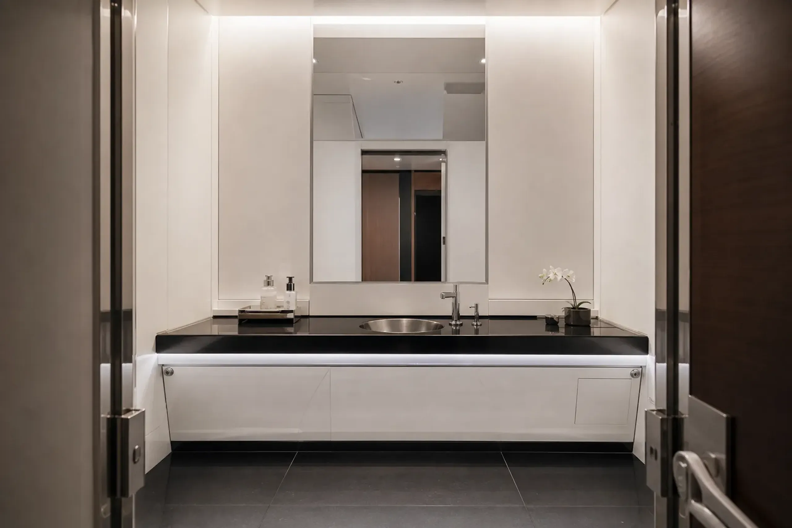 Interior view of an Airbus A340-300 VIP lavatory, featuring a modern design with clean white paneled walls, a glossy black countertop with an integrated stainless steel sink, a large mirror, and premium toiletries in a chrome dispenser.