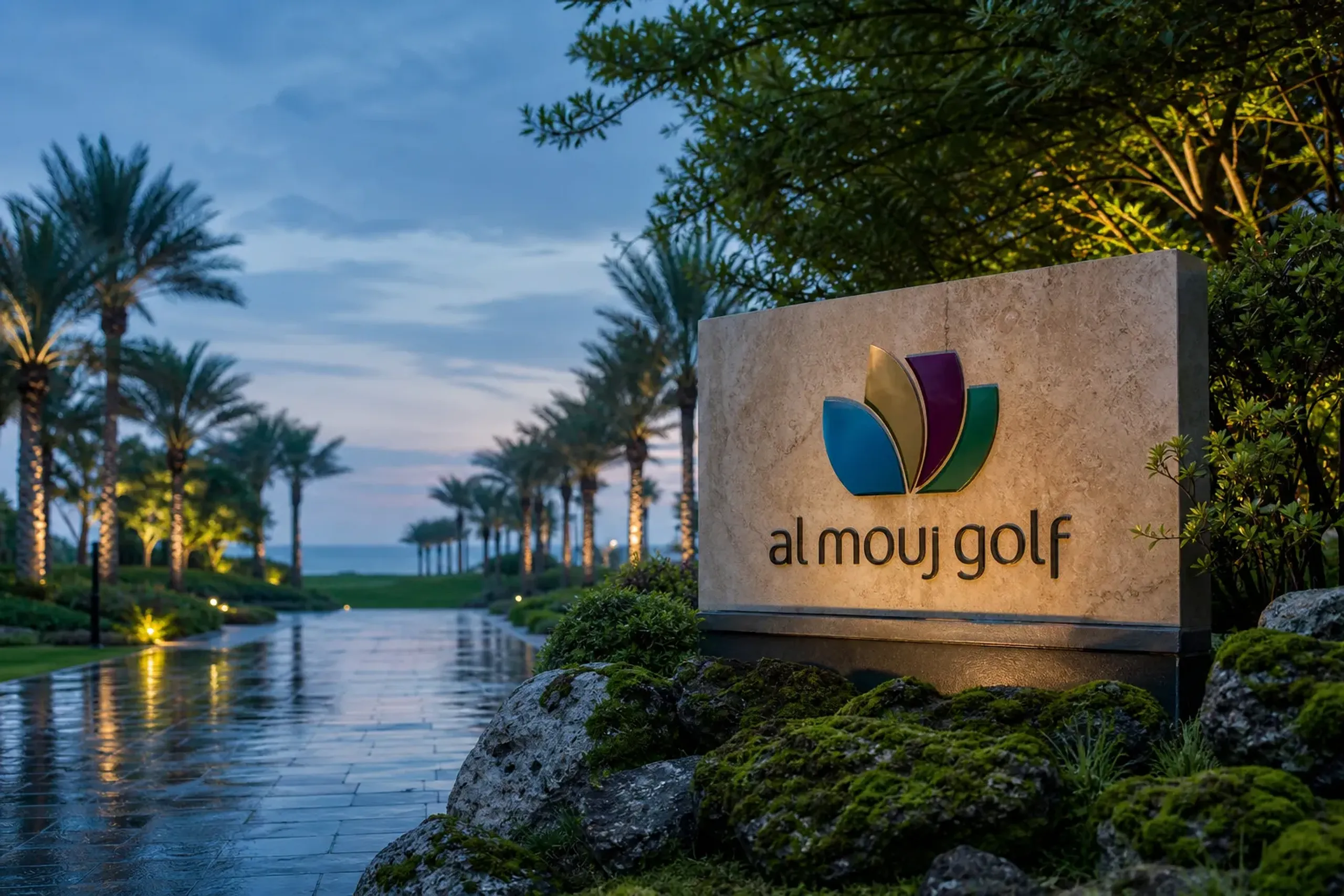 The official colorful logo sign for Al Mouj Golf located in Muscat, Oman.