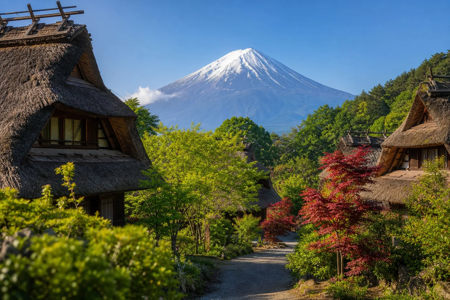 Mt. Fuji, Japan autumn landscape with historic japanese village.