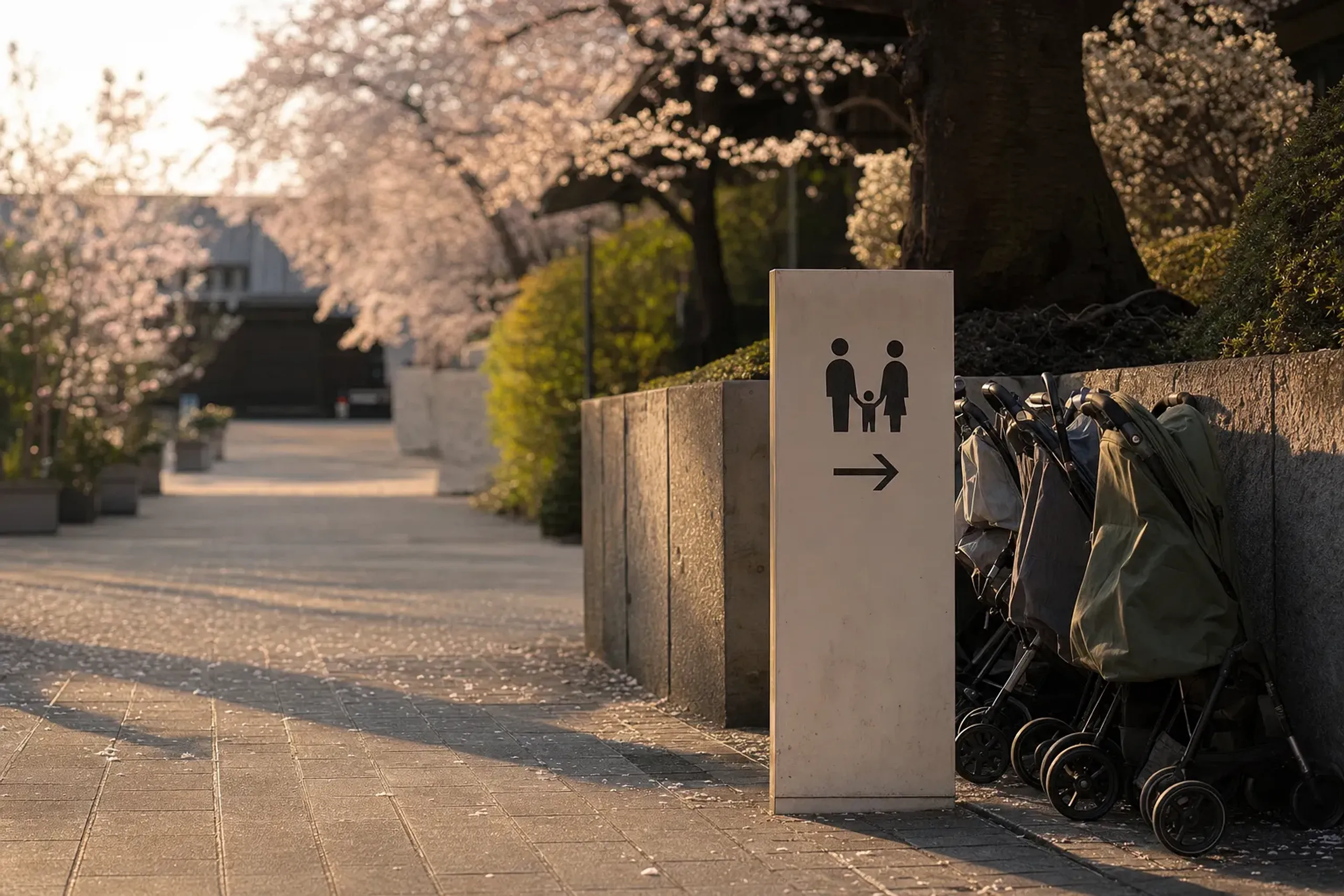 Entrance area near a child-focused theme park zone with strollers and clear signage