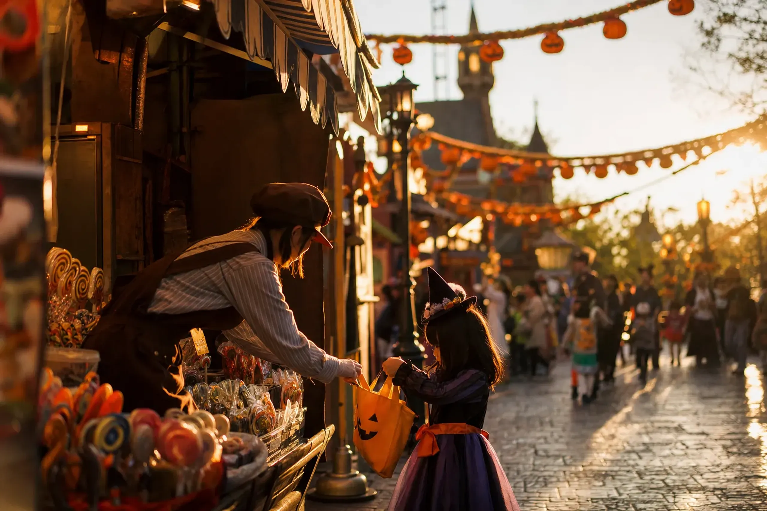 The bustling seasonal candy stand streets of Universal Studios Japan filled with costumed children carrying Trick or Treat bags in the late afternoon