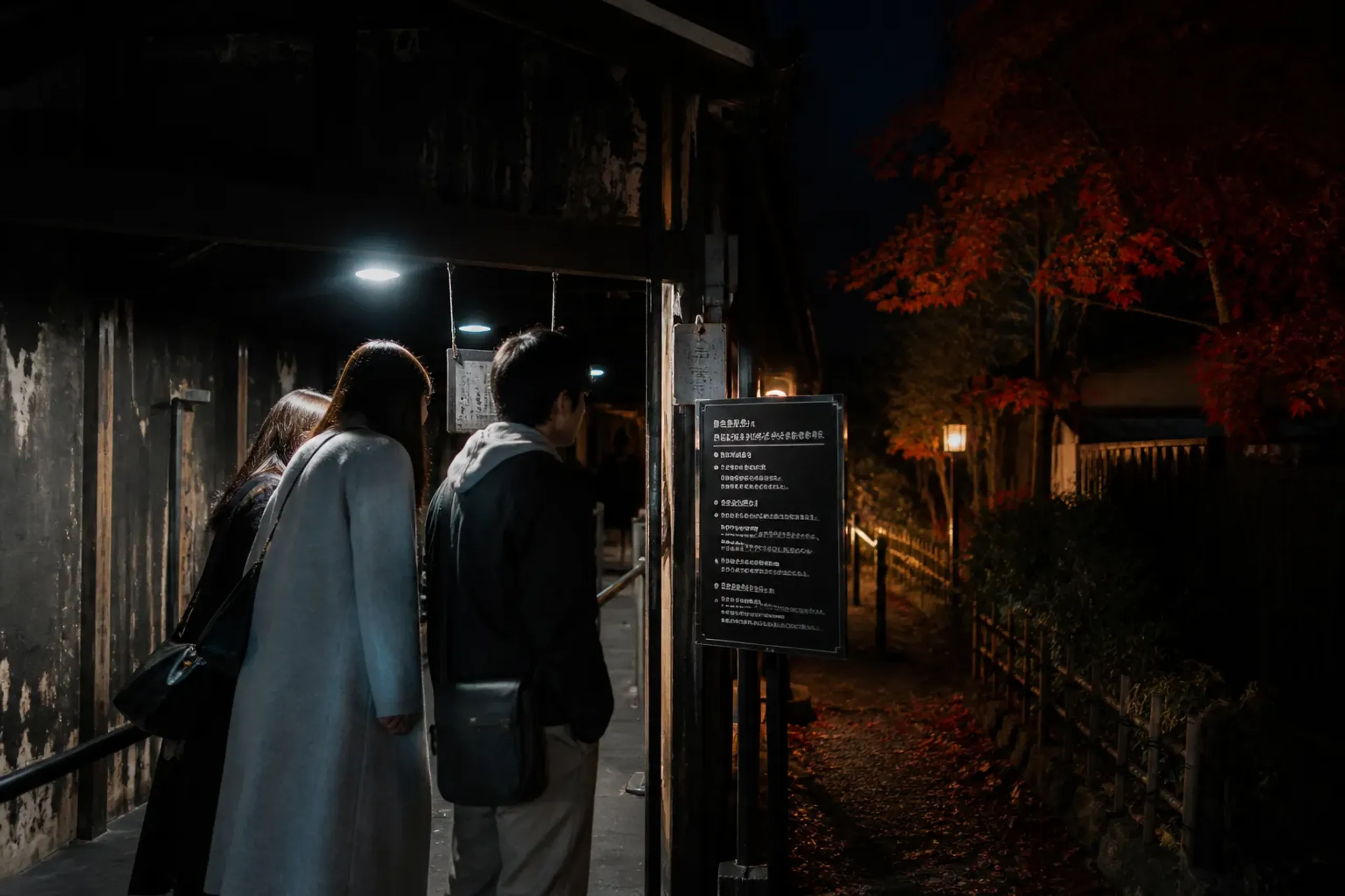 Guests reading an age restriction notice at an attraction entrance at night