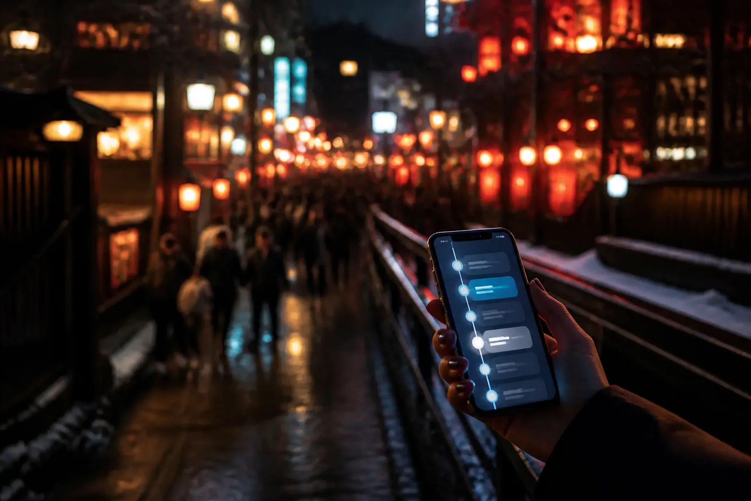 Smartphone displaying time slots while crowds move through a theme park at night