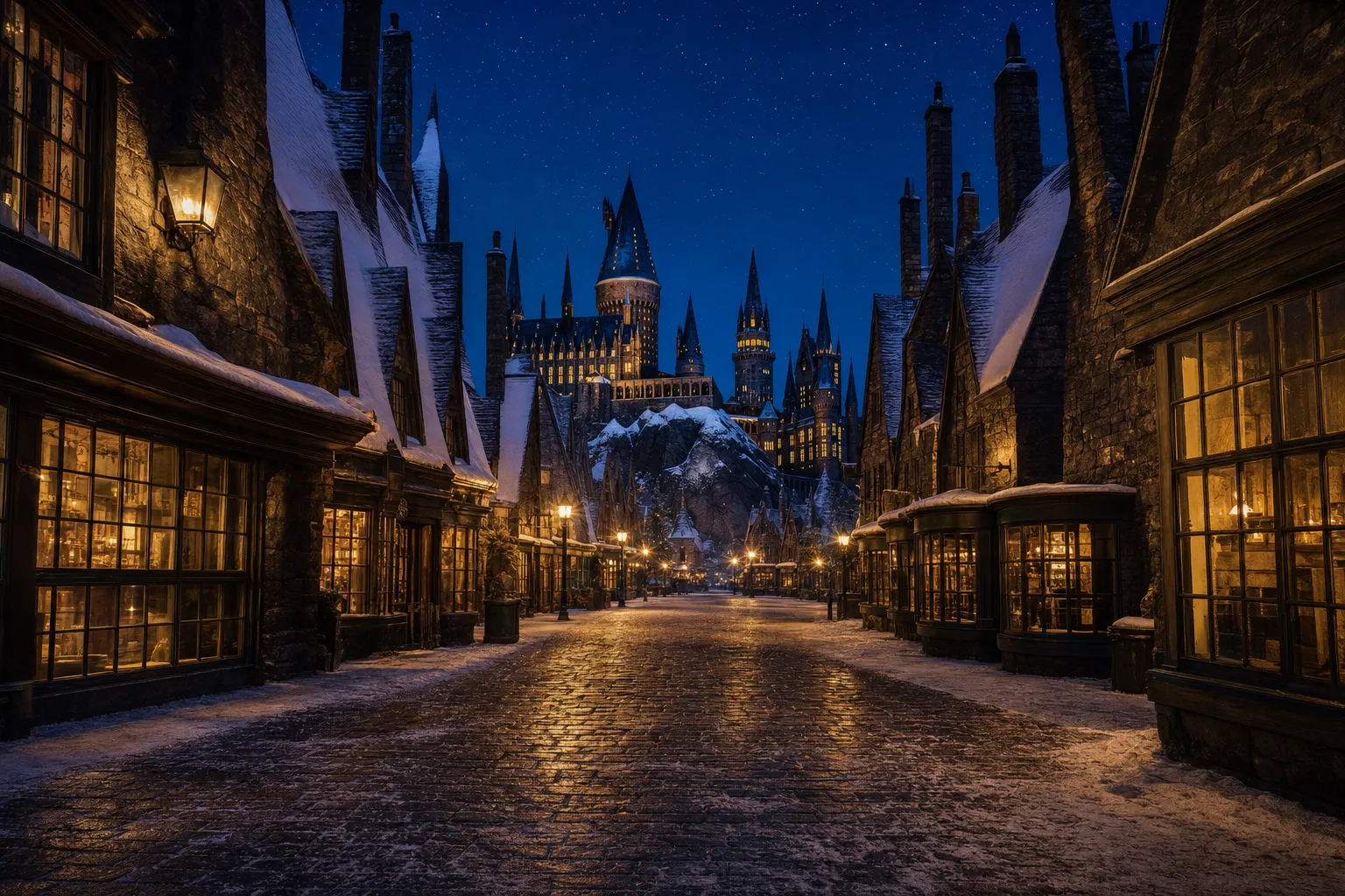 Snow-covered cobblestone street at night with warmly lit storefronts and Hogwarts towers in the distance under a starry sky.