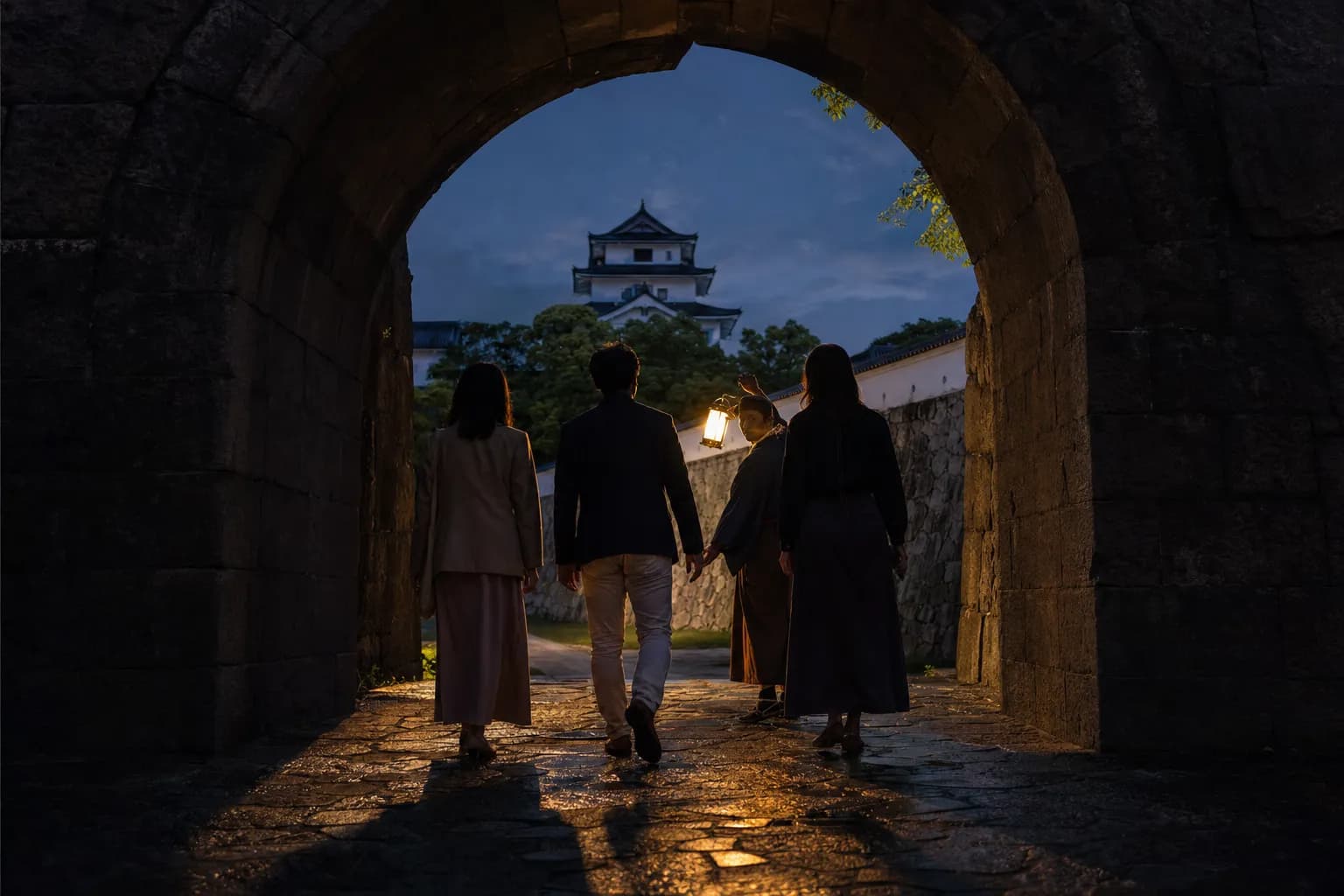 Tour guide in period costume leads three visitors through a dimly lit castle archway at night.