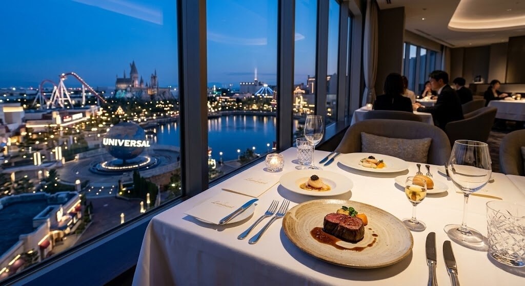 Restaurant table by a window overlooking a city at dusk, featuring plated steak and wine glasses in the foreground.