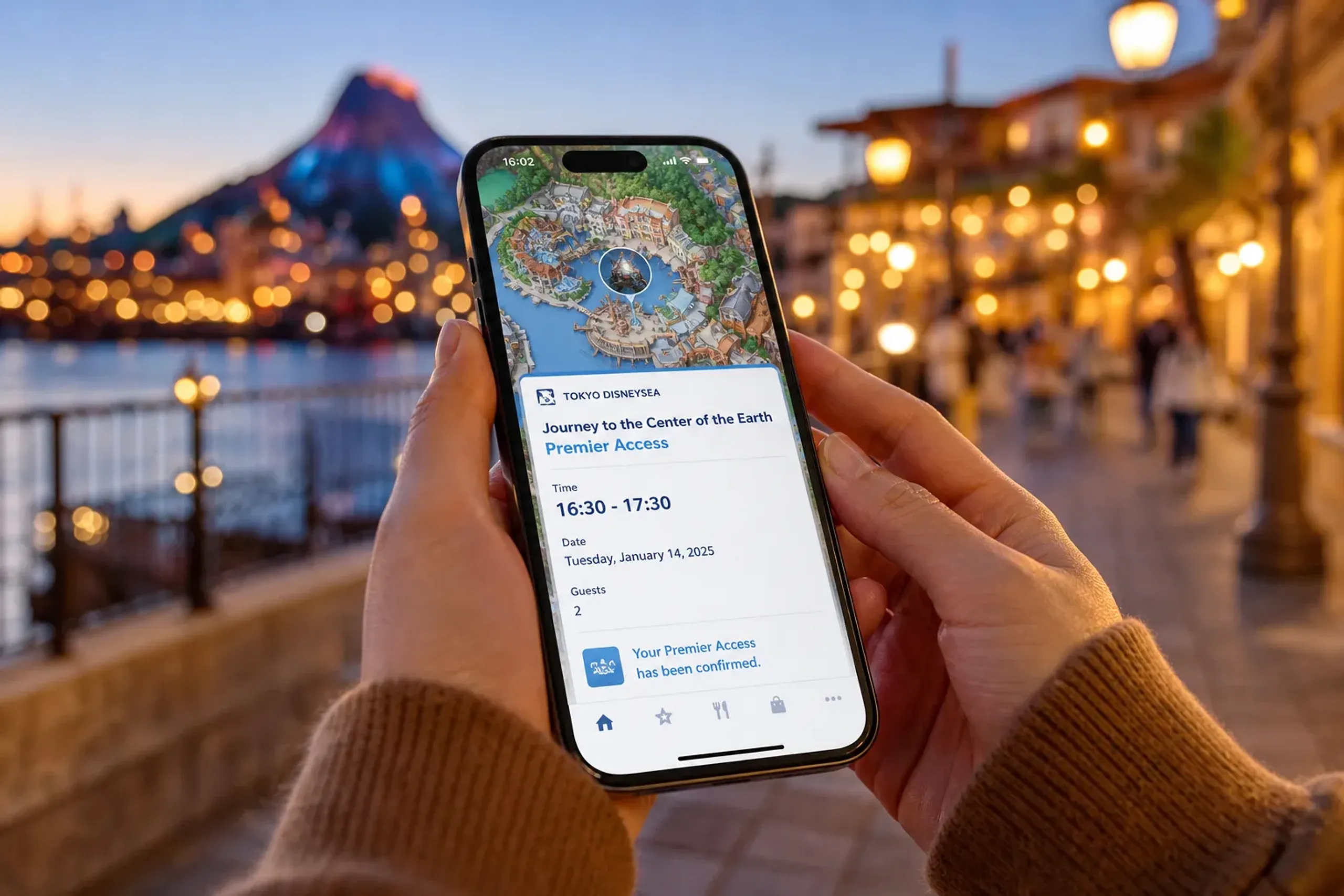 Smartphone showing the Tokyo Disney Resort App used to purchase Disney Premier Access