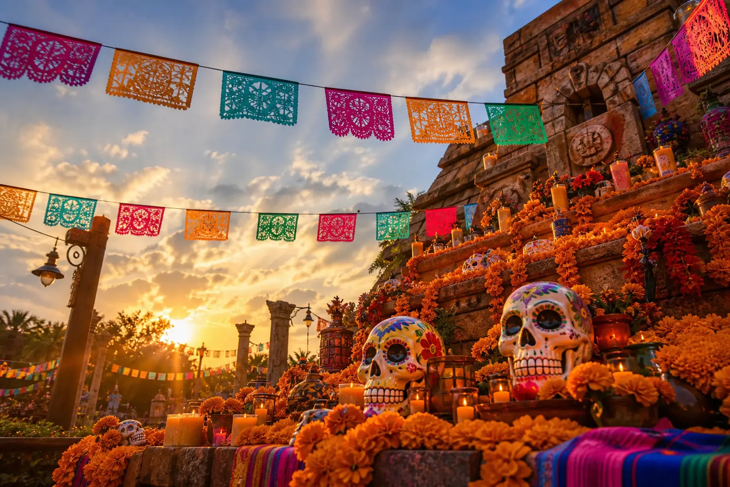 Colorful Dia de los Muertos-inspired decor with marigolds and papel picado at Tokyo DisneySea