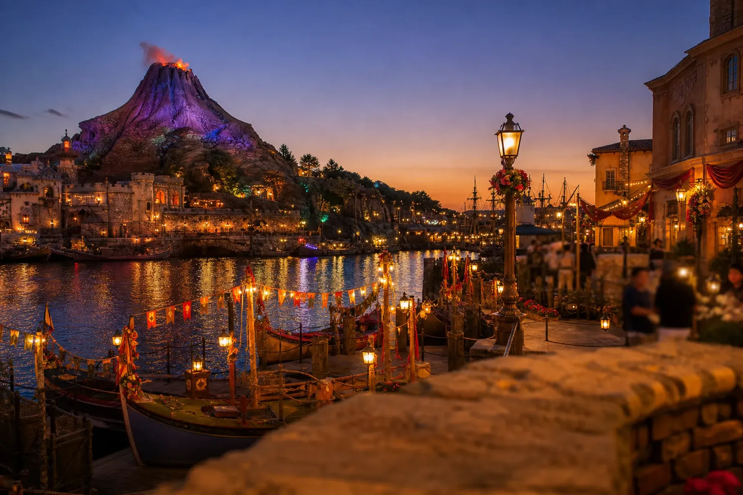The Lost River Delta area of Tokyo DisneySea with temple ruins and tropical scenery