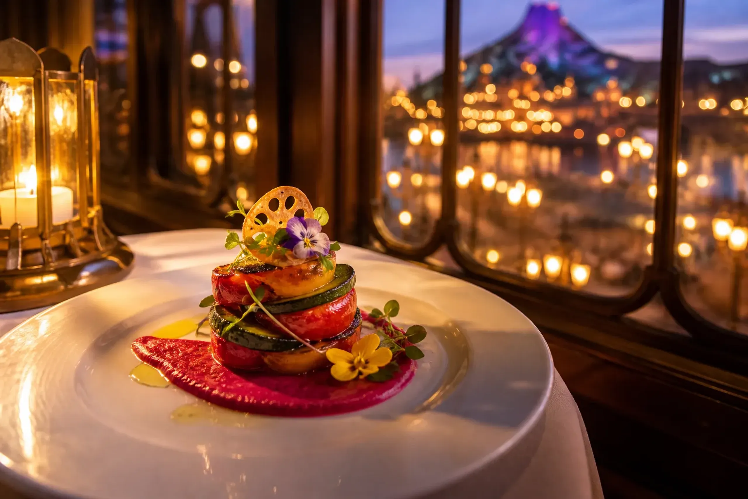 Refined plant-based dish plated at a Tokyo DisneySea themed restaurant
