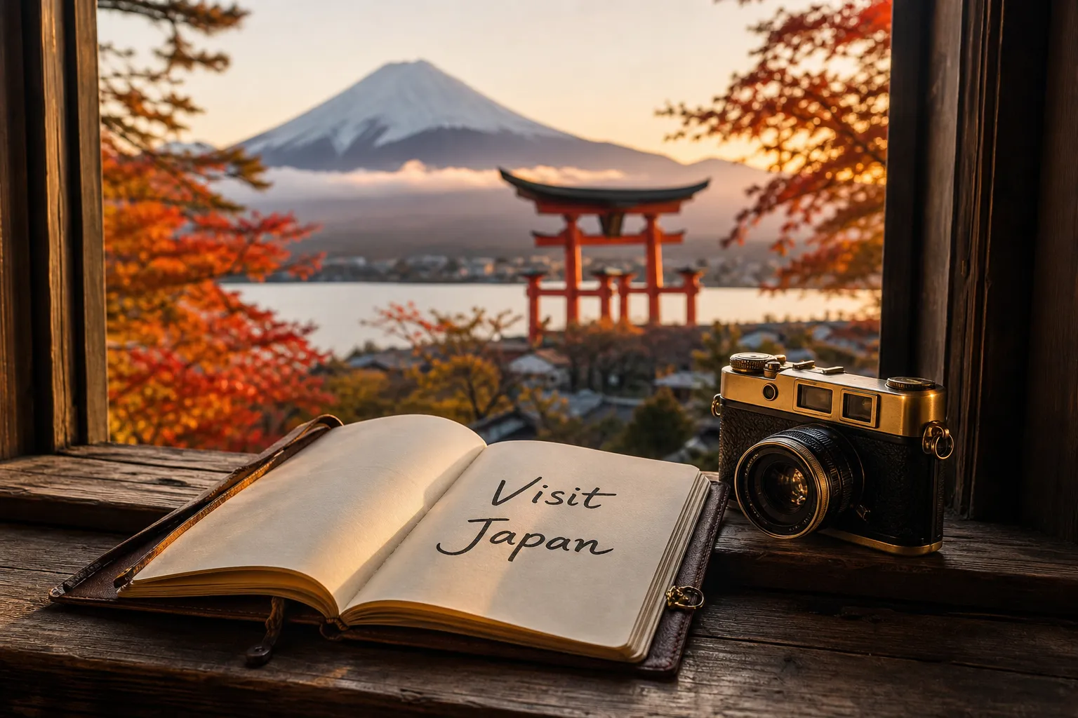 An open travel journal reading “Visit Japan” beside a vintage camera, with Mount Fuji and a red torii gate behind