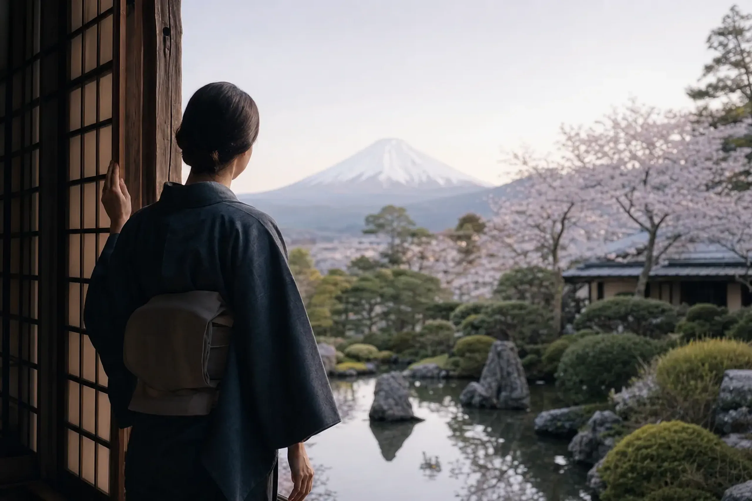 Person in a dark kimono with an obi stands at a wooden window, gazing over a tranquil Japanese garden with a pond and Mount Fuji in the distance.