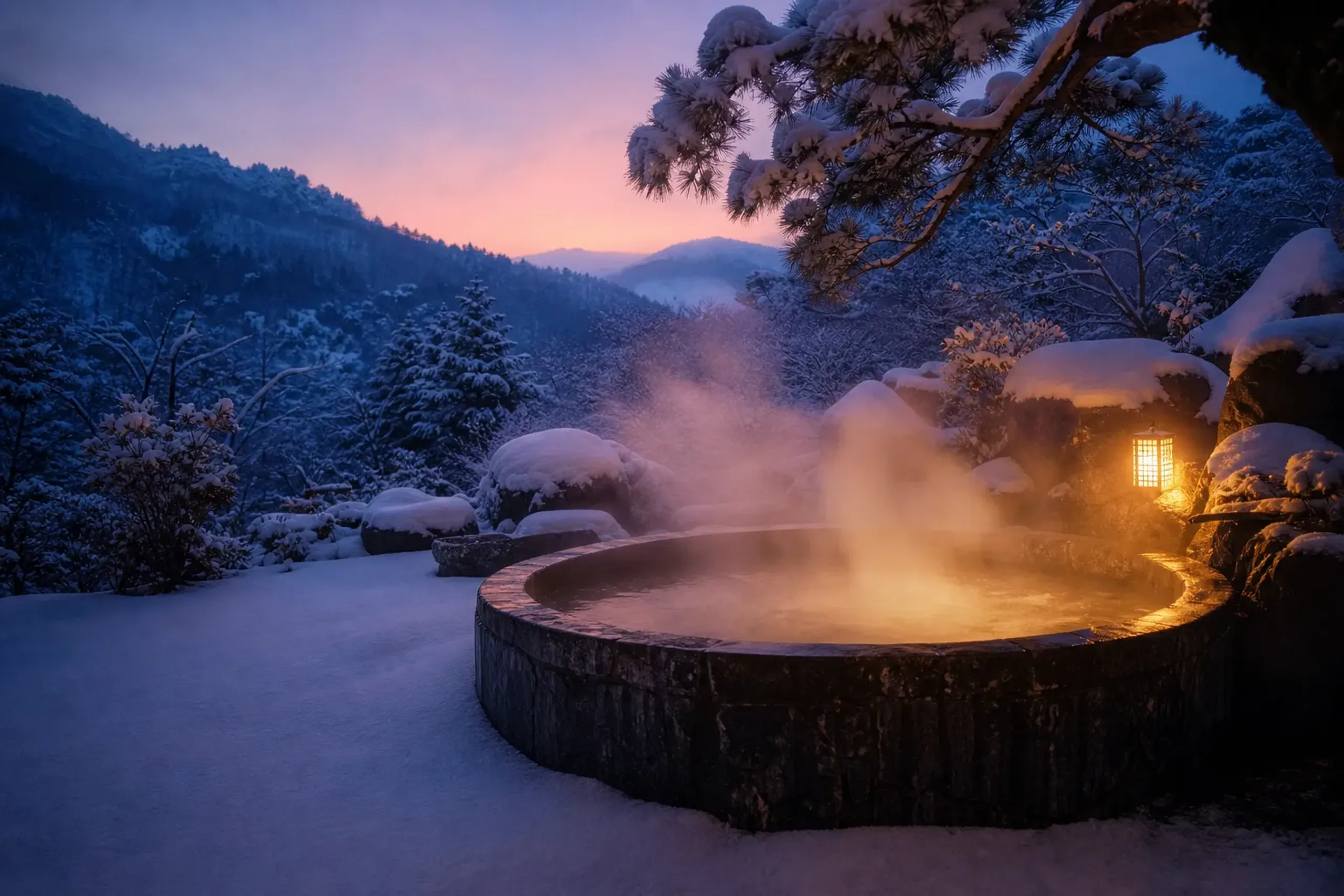 A private, steaming outdoor stone hot spring bath surrounded by thick white snow and snow-draped pine trees at a luxury resort in Hokkaido under a twilight sky.