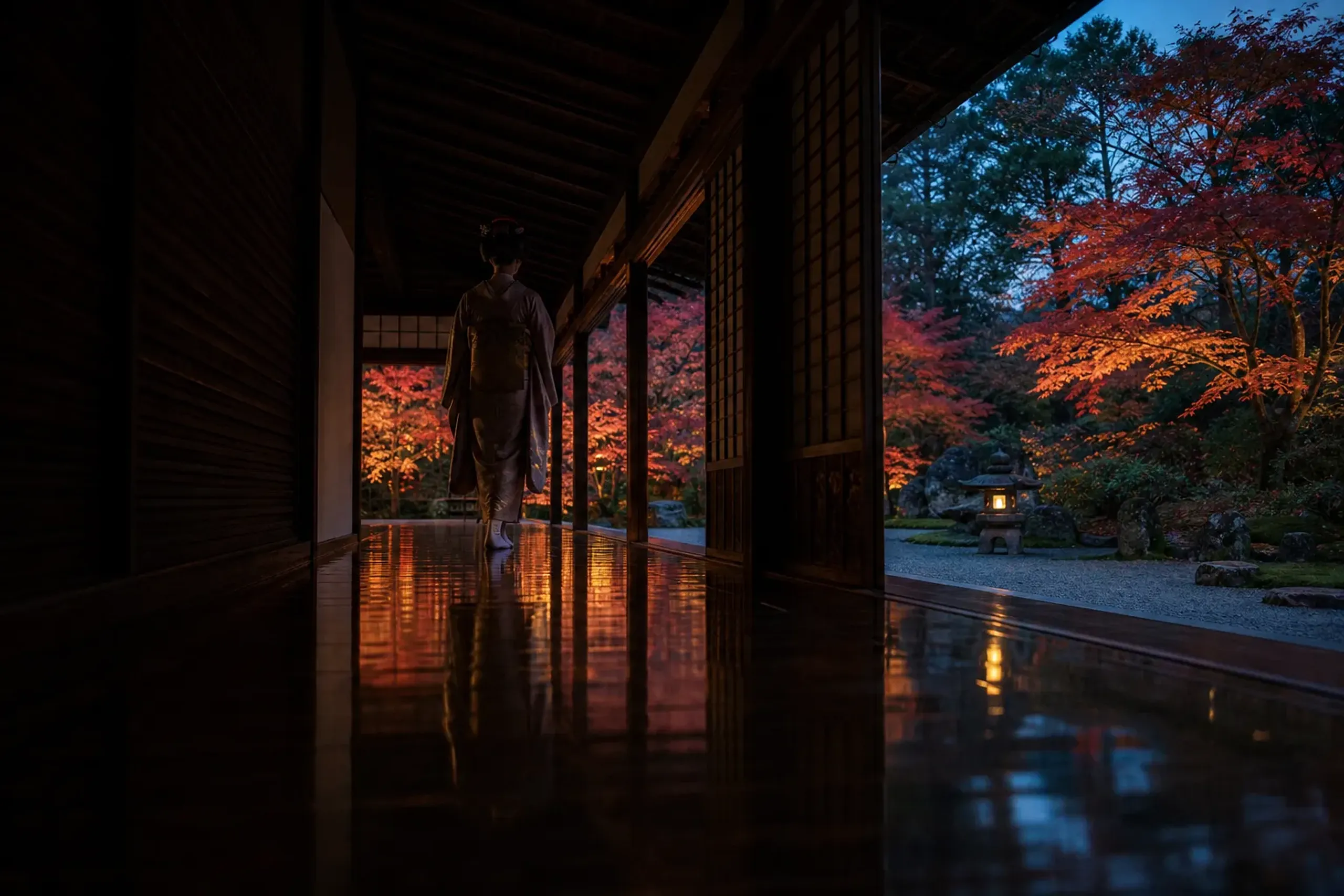 A polished wooden corridor of a Kyoto temple after hours, reflecting a geisha in a silk kimono walking past open screens looking onto a twilight rock garden.