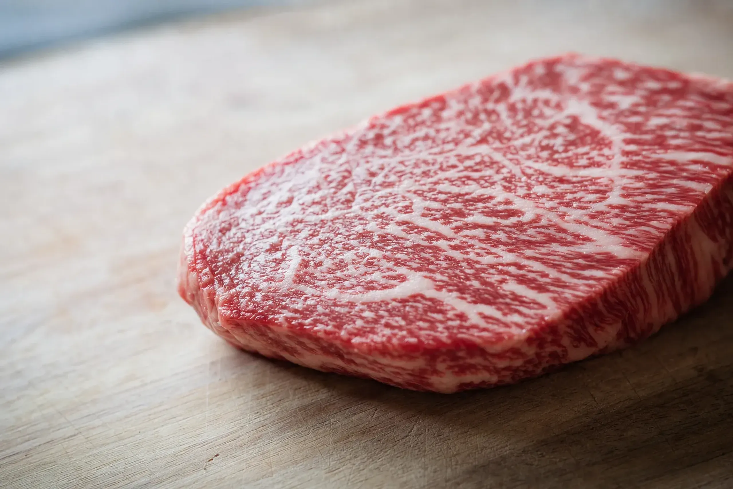 close-up of a raw Japanese Black wagyu steak showing dense fine marbling on a plain wooden cutting board