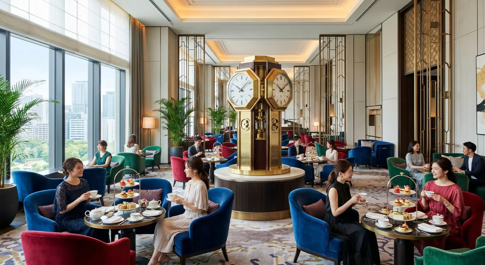 Guests enjoying afternoon tea at the sophisticated Peacock Alley lounge inside the Waldorf Astoria Osaka.