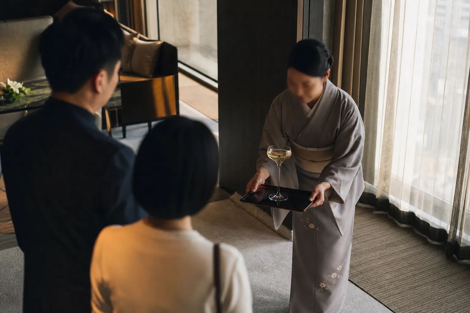 A personal concierge offering a warm welcome and champagne to luxury hotel guests.