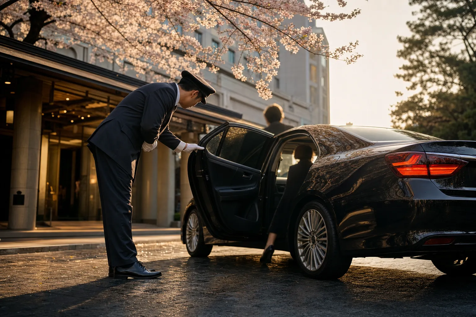 A private chauffeur from the Japanese Royal Service holding a car door open for a VIP guest in Osaka.