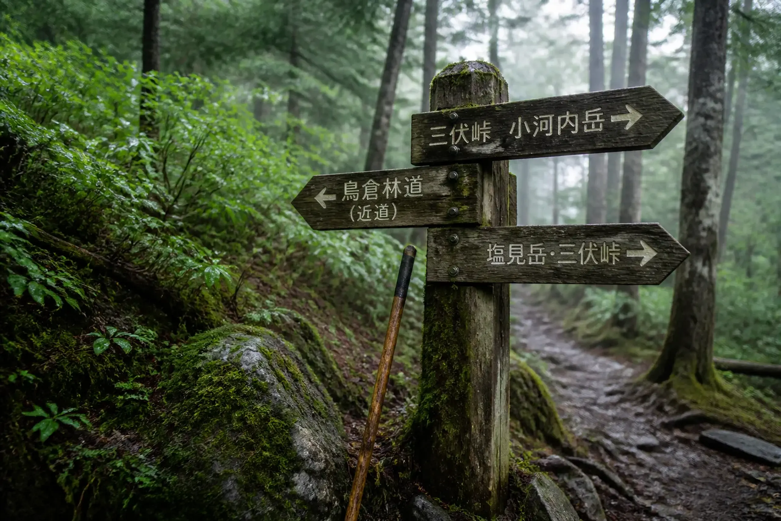 Kumano Kodo trail junction signpost indicating route directions