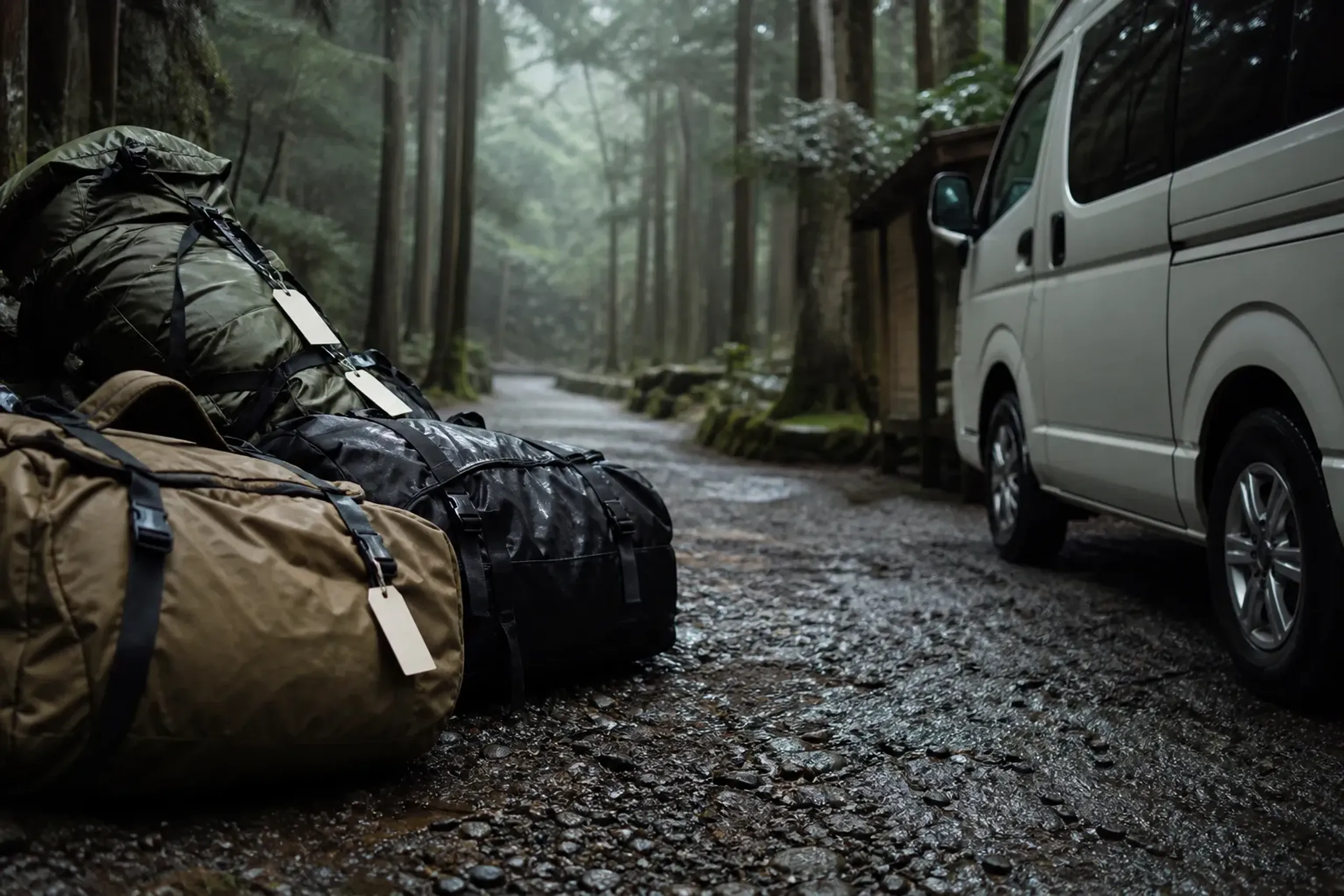 a support vehicle parked at a Nakahechi trailhead beside stacked travelers' luggage bundled for KUMANO TRAVEL shuttle transfer between minshuku guesthouses