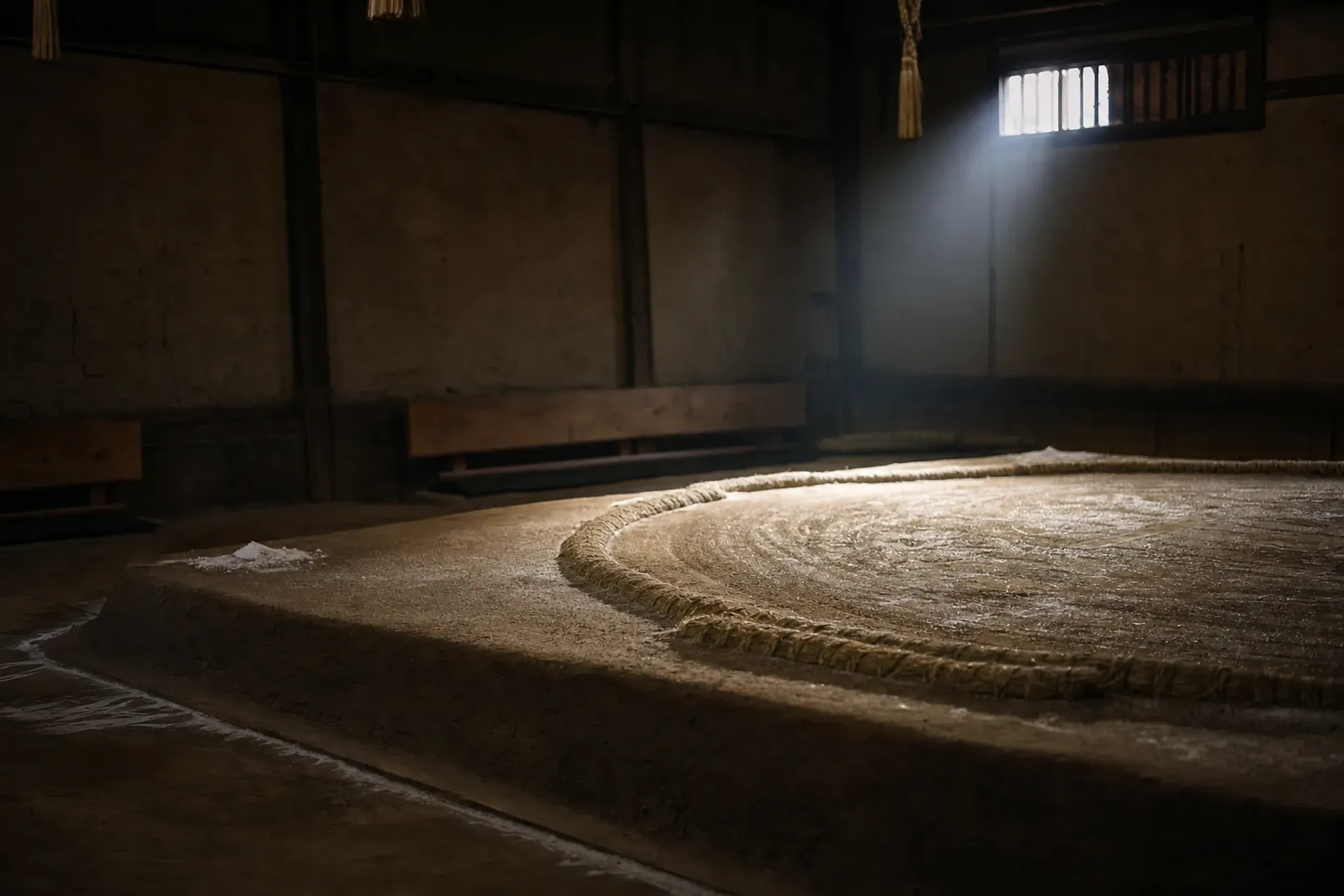 the raised clay dohyō practice ring inside a plain sumo stable training room, packed earth surface marked with drag lines from bare feet, morning light through a small window