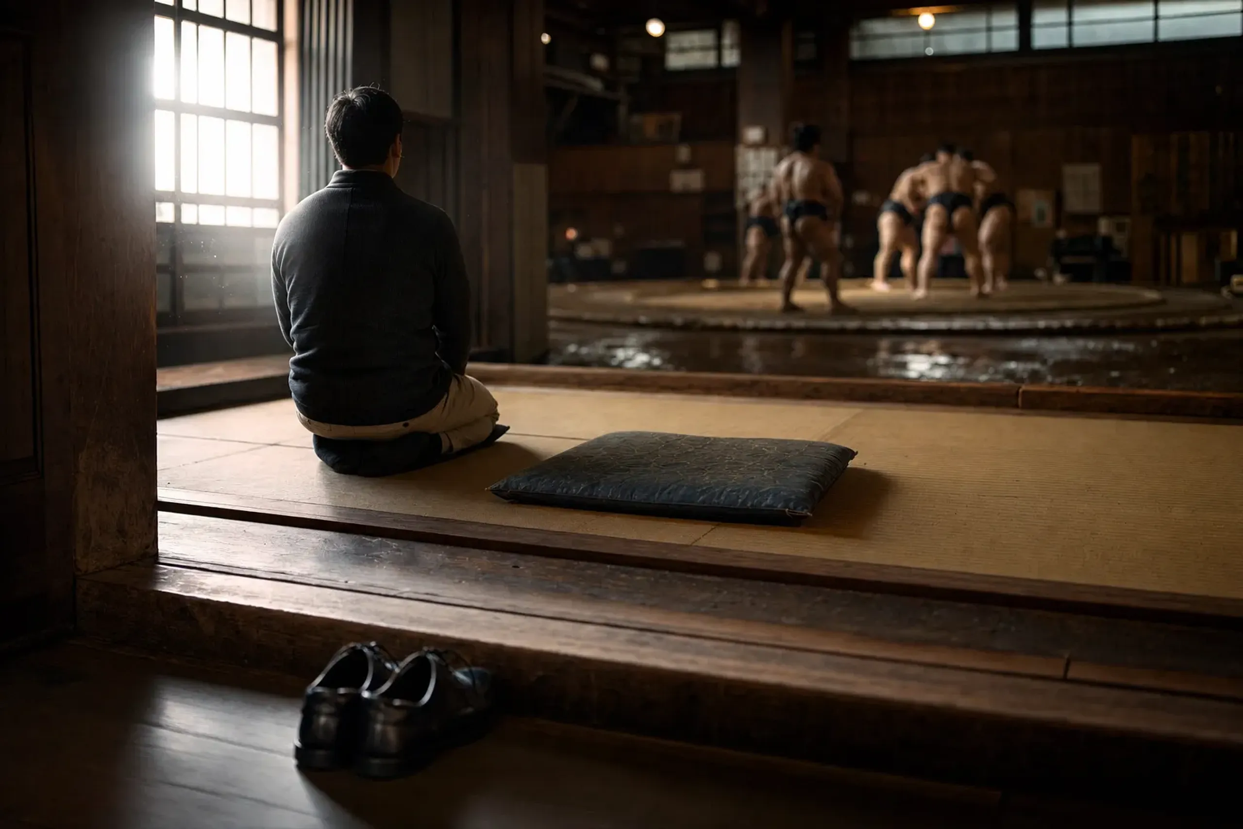 an empty cushion and floor space at the edge of a sumo training room where a quiet guest kneels, shoes removed and set aside at the threshold