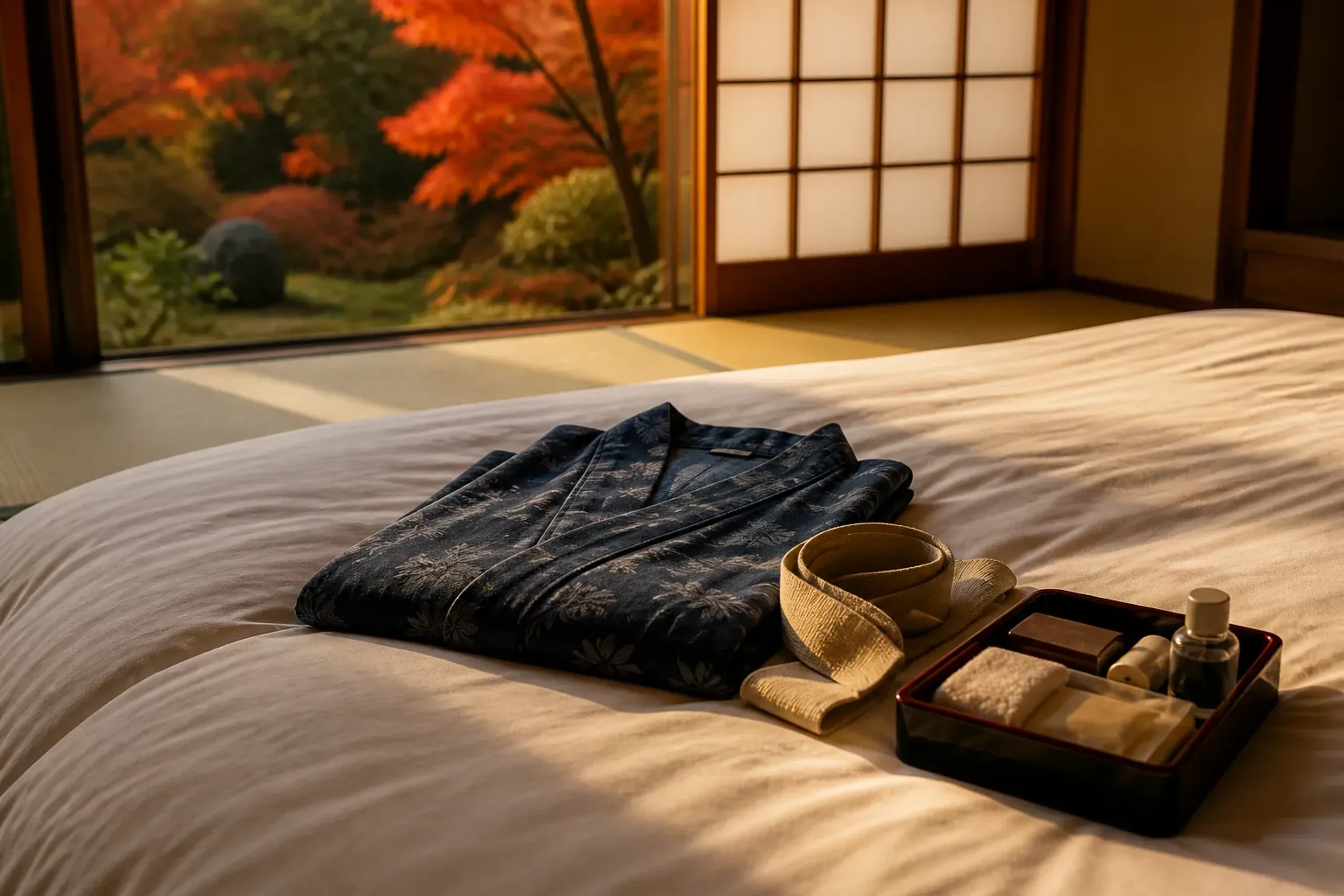 Folded yukata and provided amenities laid out on a futon in a traditional Japanese ryokan room