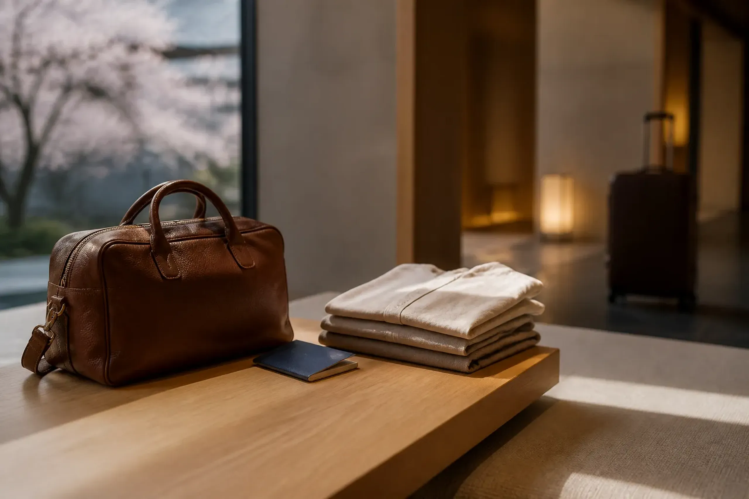 A small overnight bag with passport and clothing while the main suitcase is forwarded separately in Japan