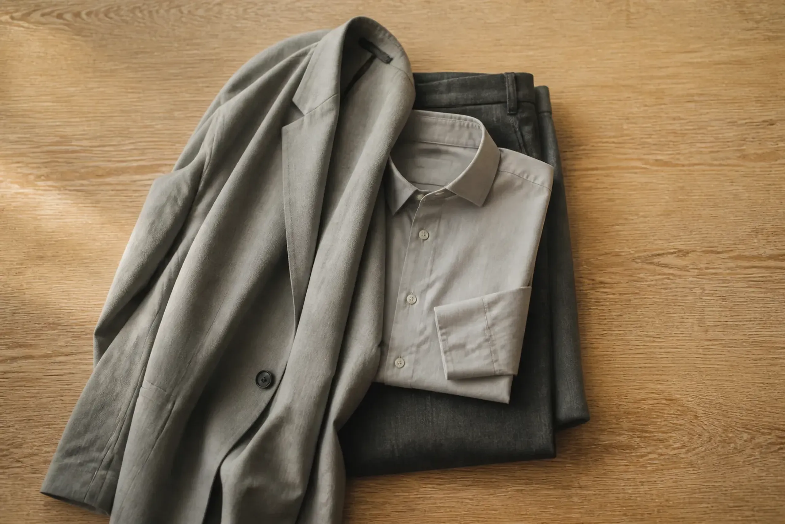 A soft, unstructured blazer laid over neat trousers and a clean pressed shirt in muted, quiet tones, arranged on a plain wooden surface