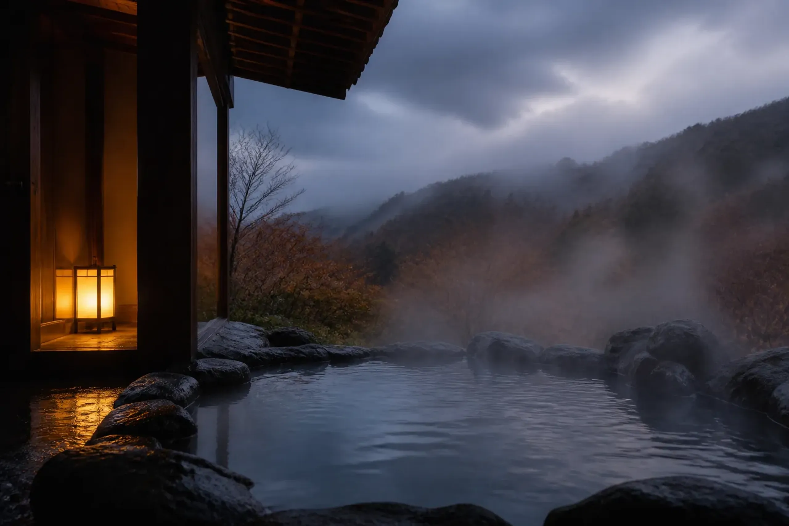 Private open-air onsen bath overlooking autumn forest and mist in Hakone