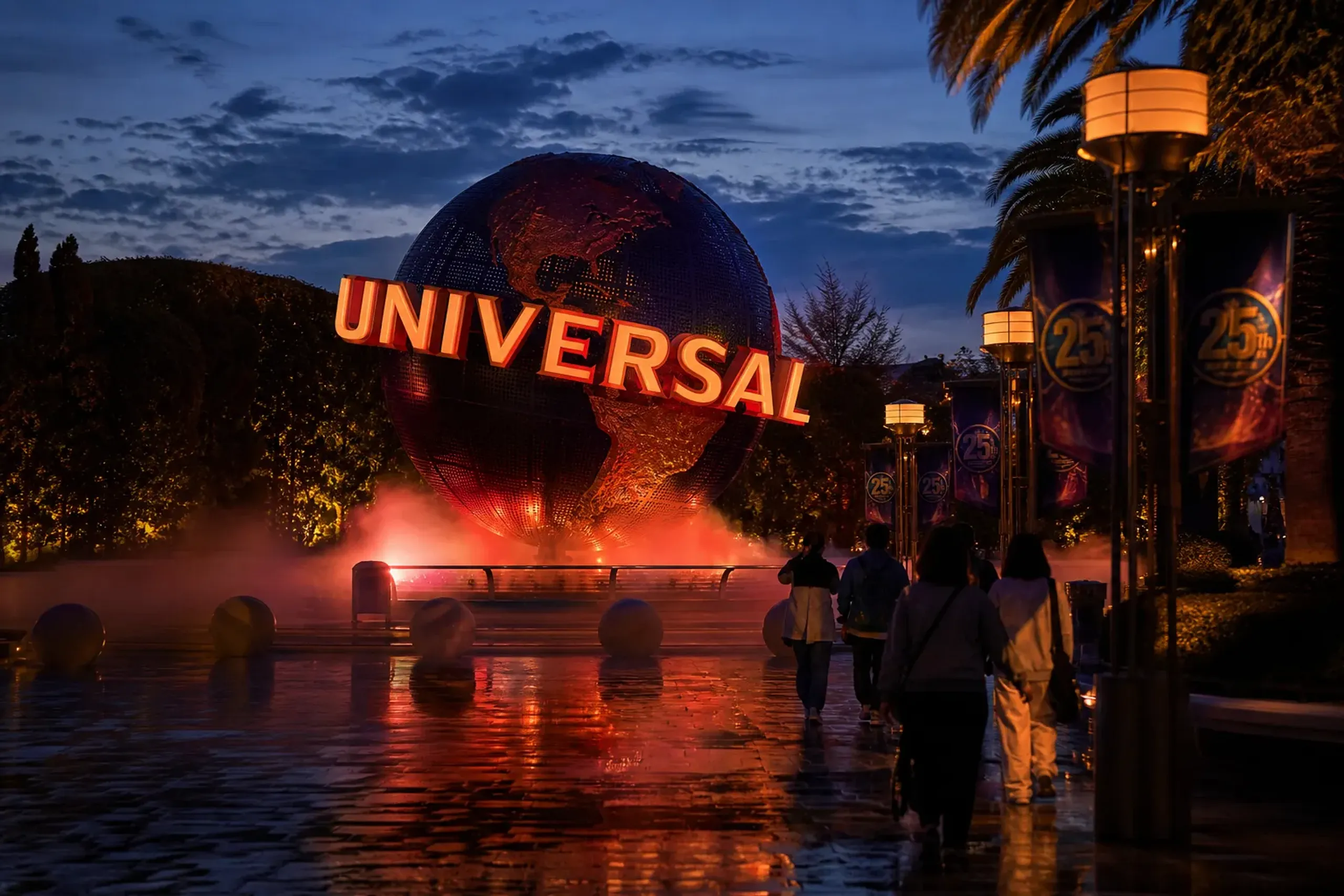 Universal Studios Japan entrance globe lit for Halloween at dusk with fog