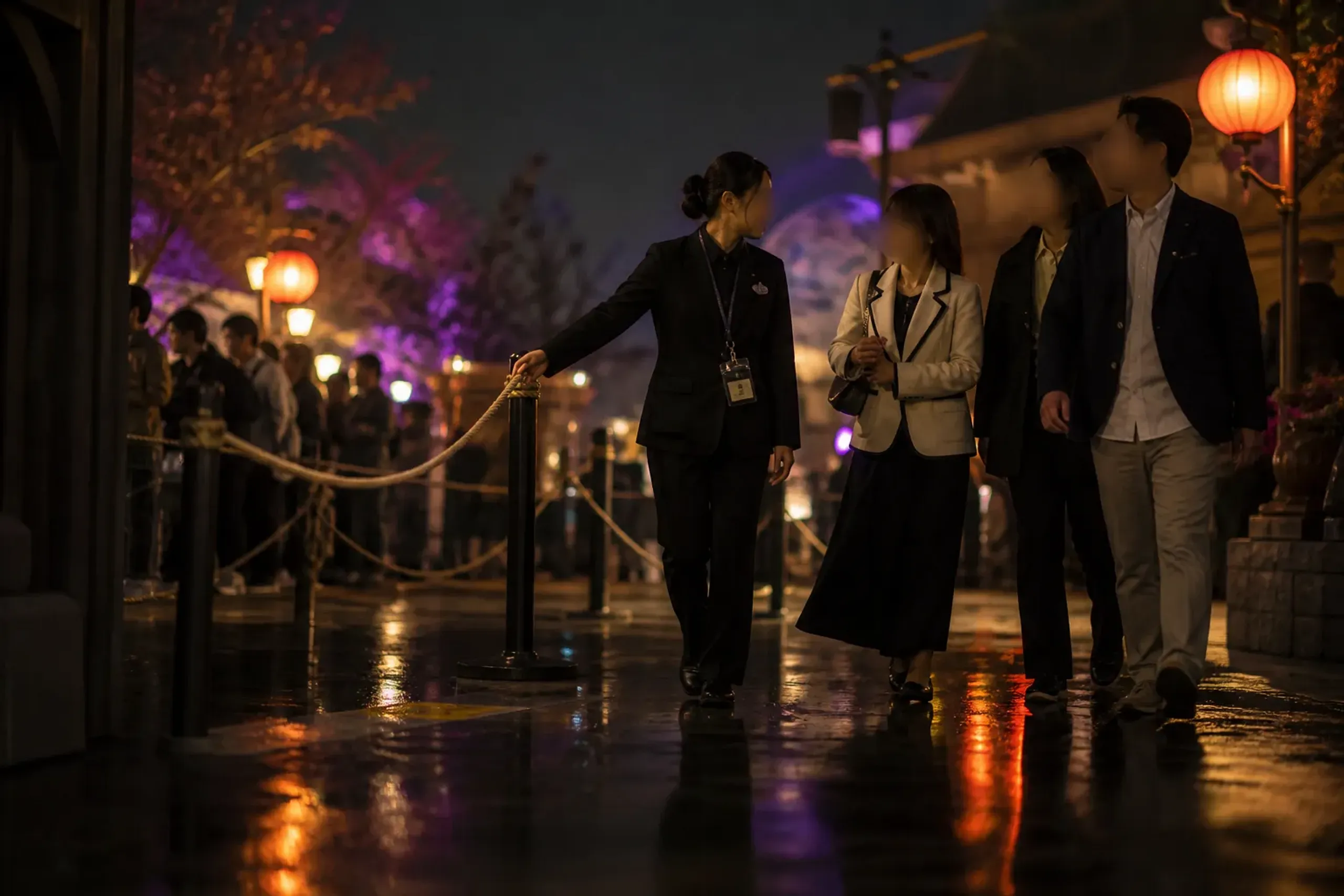 Guide escorting a small group through a VIP priority lane at Universal Studios Japan at night