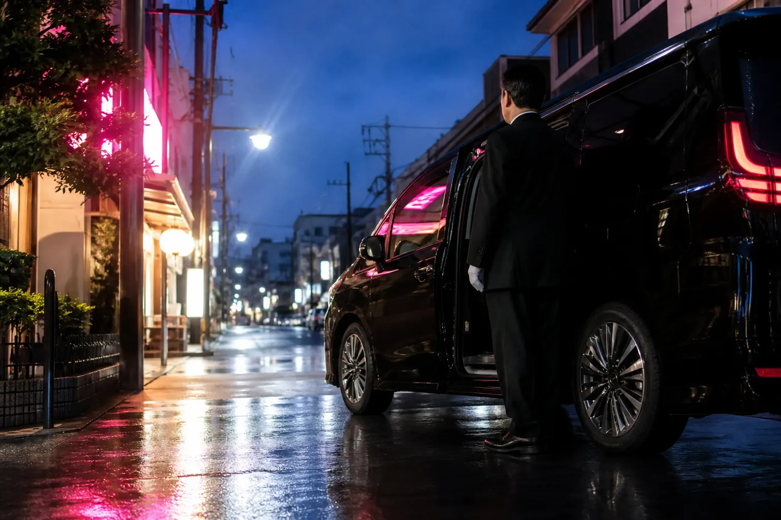 Black luxury minivan with chauffeur on an Osaka street at dusk with neon reflections