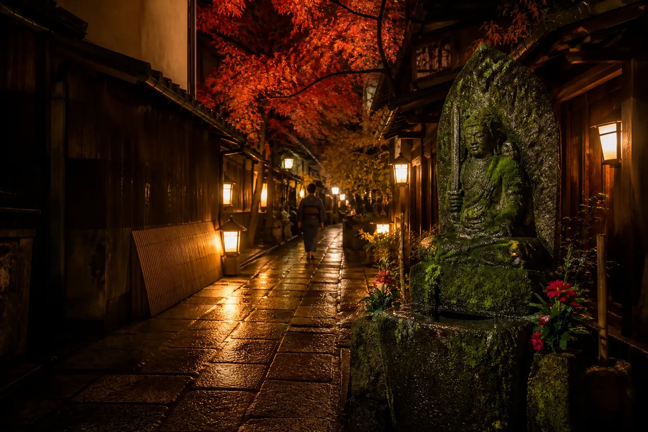 Lantern-lit stone alley of Hozenji Yokocho in Osaka at night with moss-covered statue