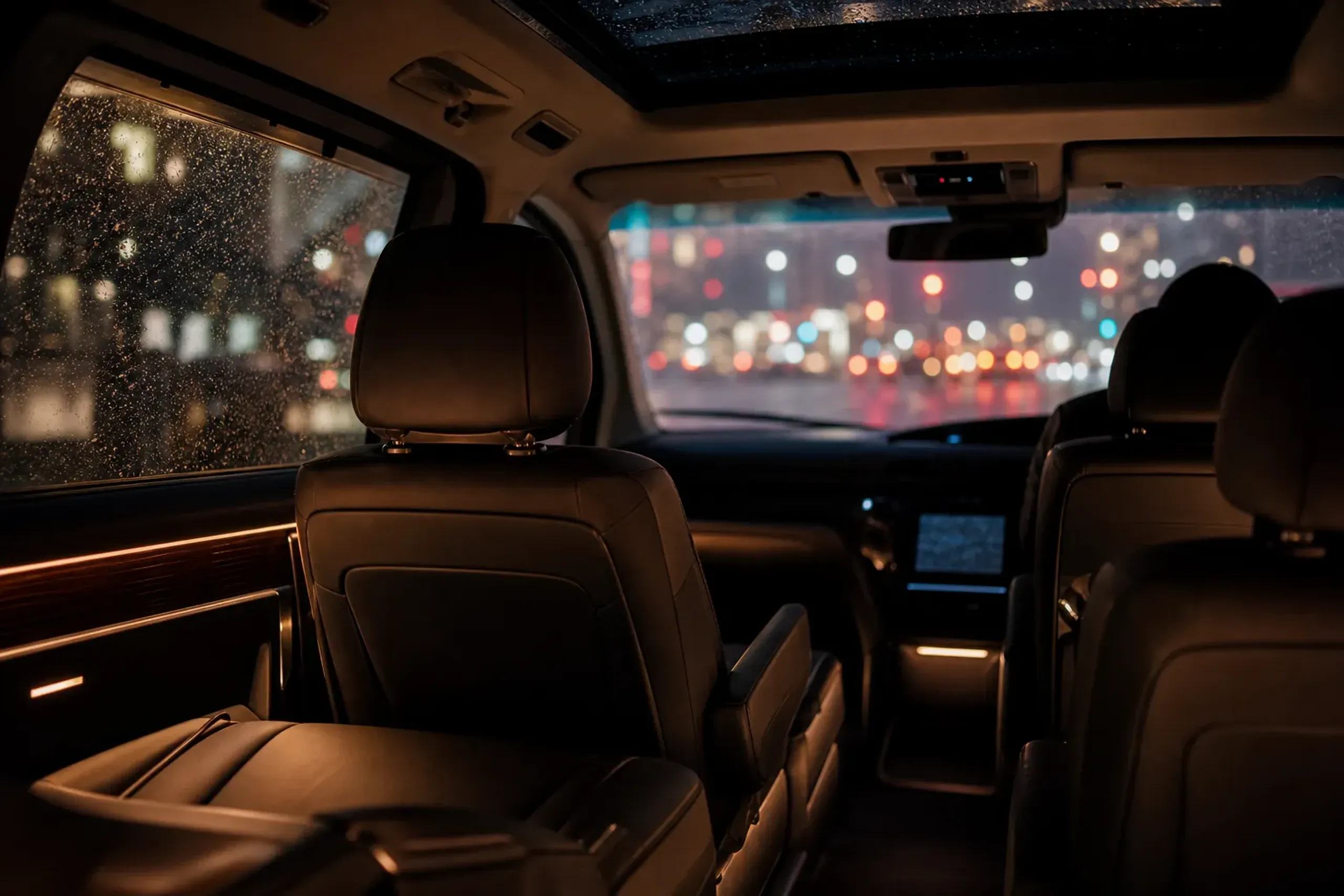 Rear-seat view inside a premium chauffeured minivan at night with soft lighting and city lights outside