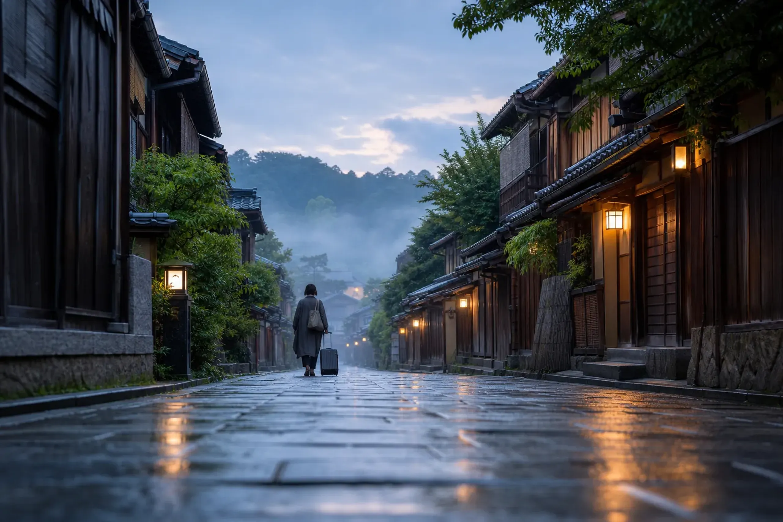 Traveler walking a quiet residential Kyoto lane at dawn with a small suitcase
