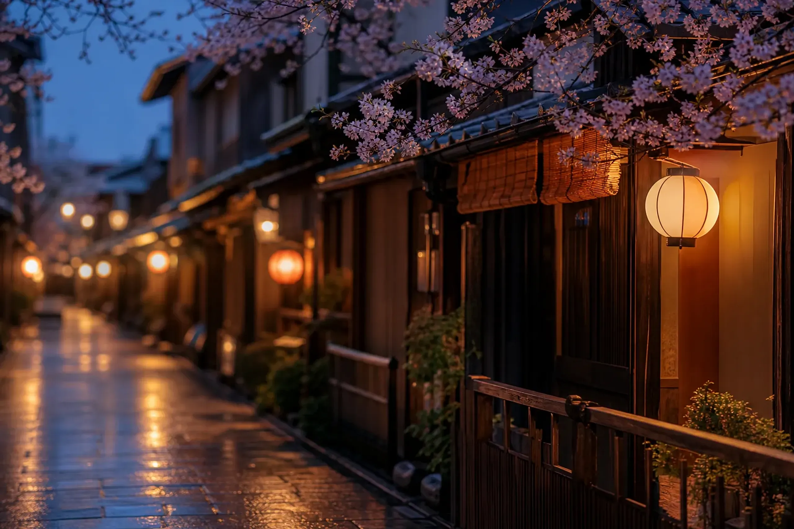 Lantern-lit teahouse street in the Miyagawa-cho district of Kyoto at dusk