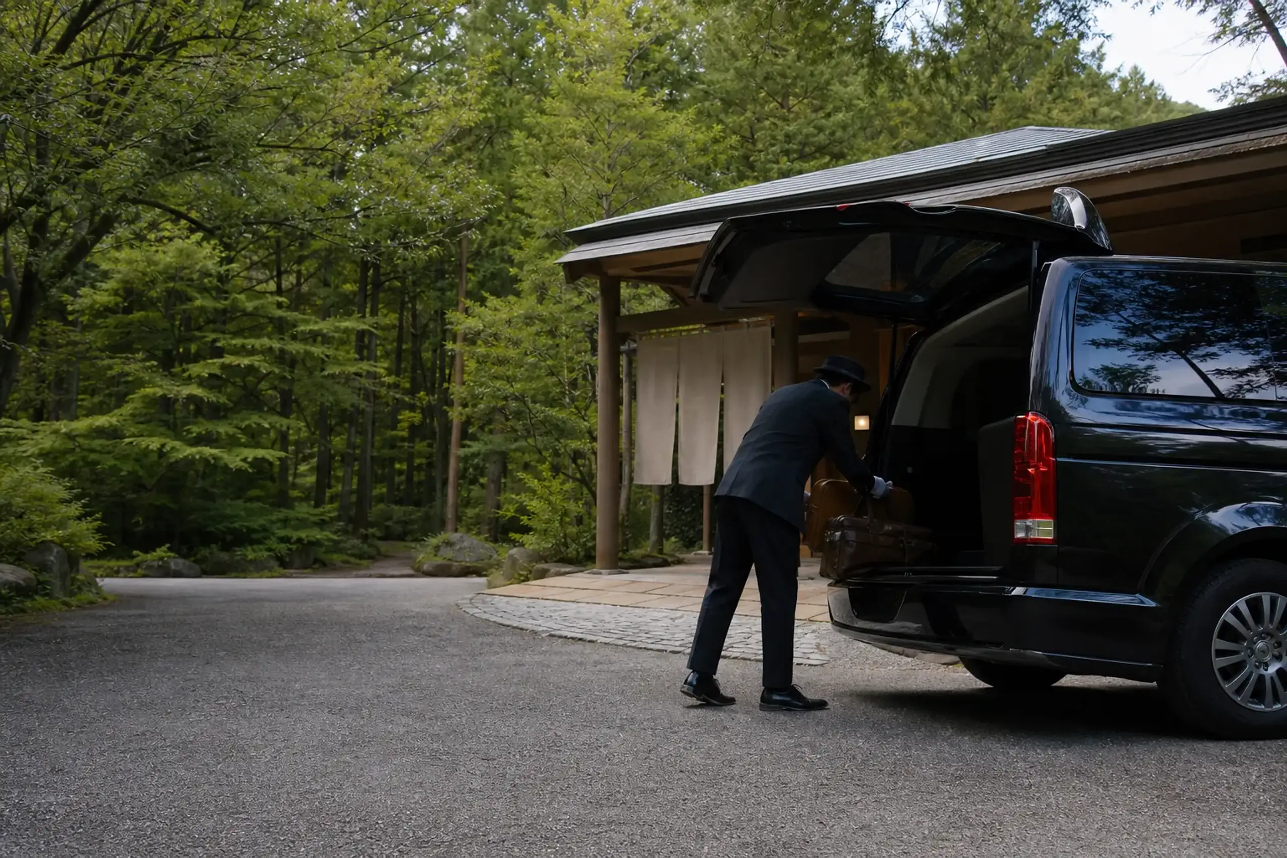 Luxury minivan parked at a quiet ryokan entrance with luggage being loaded for a private transfer