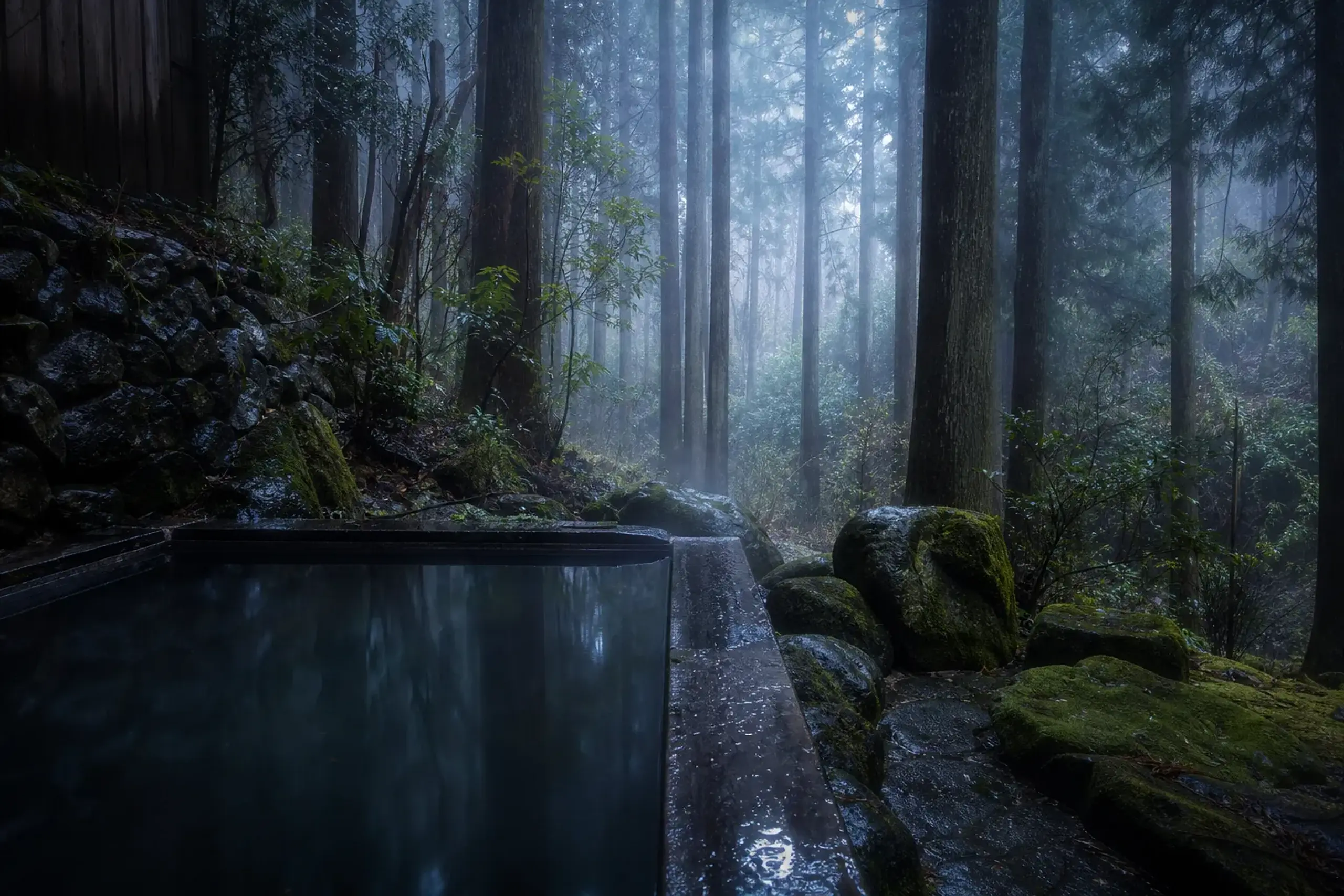 Private outdoor onsen bath surrounded by cedar forest in Hakone with rising steam