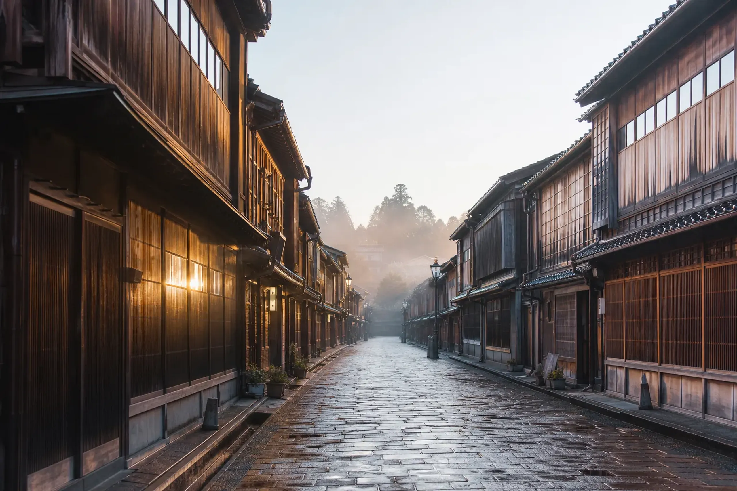 Preserved teahouse street in Kanazawa's Higashi Chaya district early in the morning